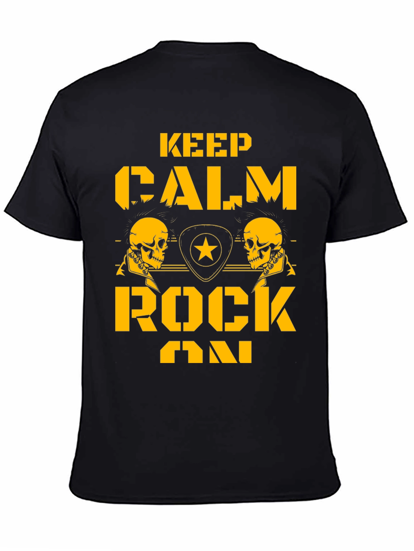 Keep Calm Rock On Black T-Shirt with Skull Graphics