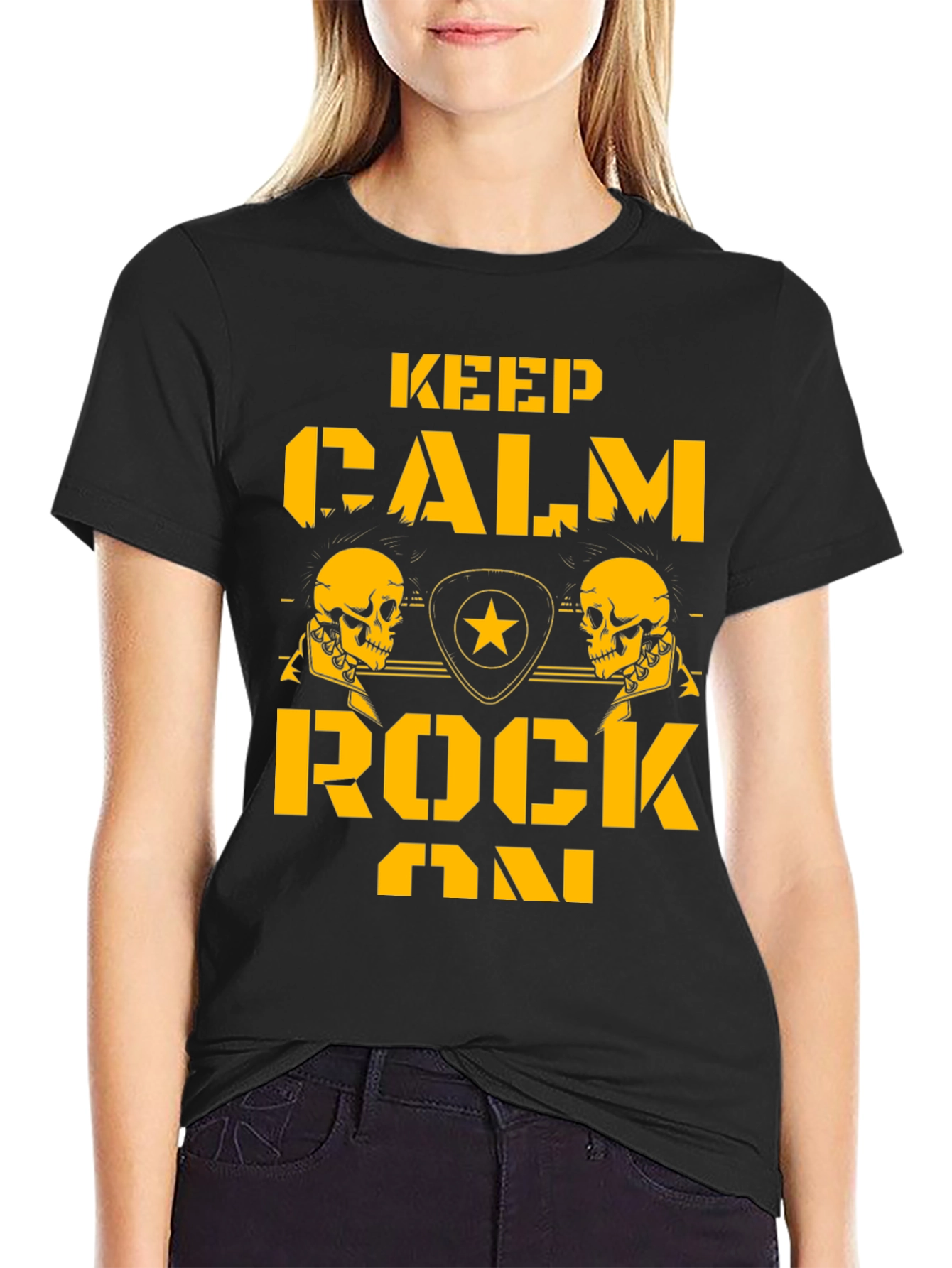 Keep Calm Rock On Black T-Shirt with Skull Graphics