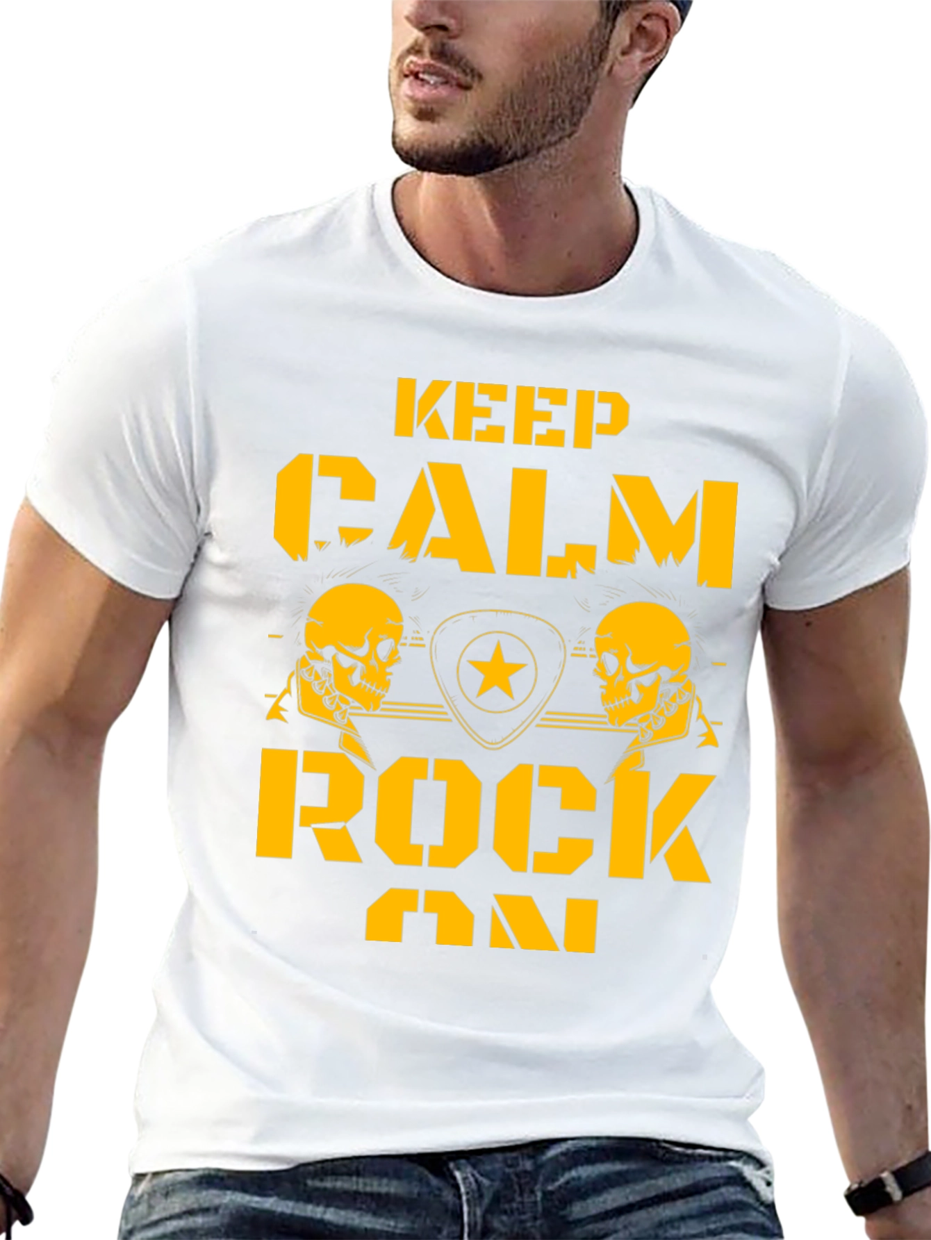 Keep Calm Rock On Black T-Shirt with Skull Graphics