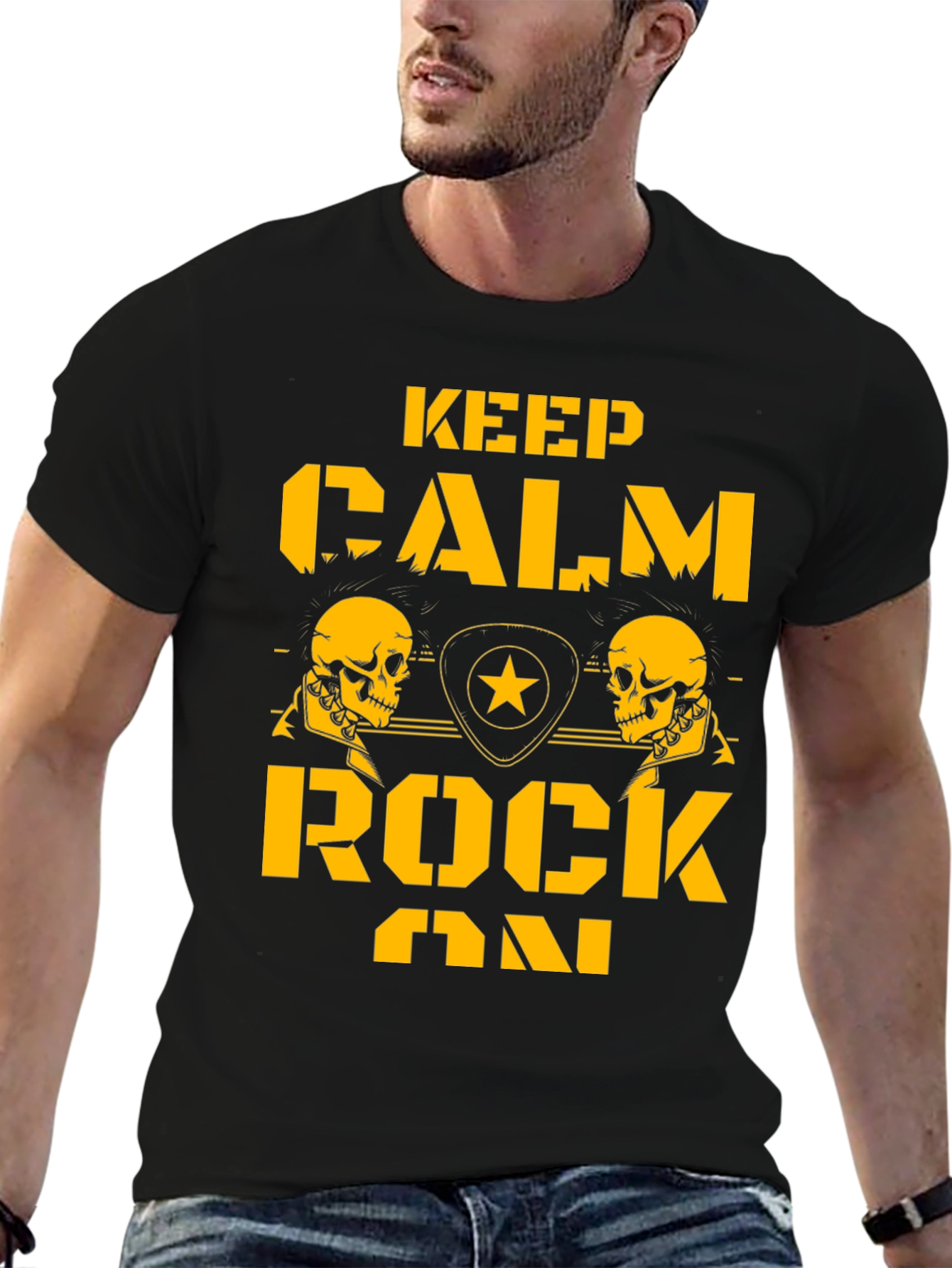 Keep Calm Rock On Black T-Shirt with Skull Graphics