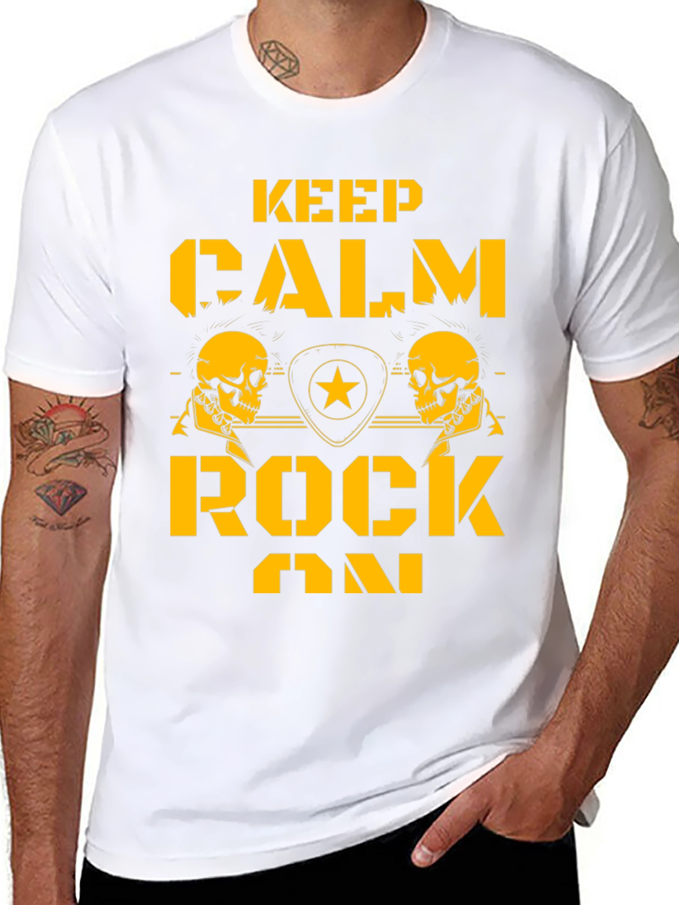 Keep Calm Rock On Black T-Shirt with Skull Graphics