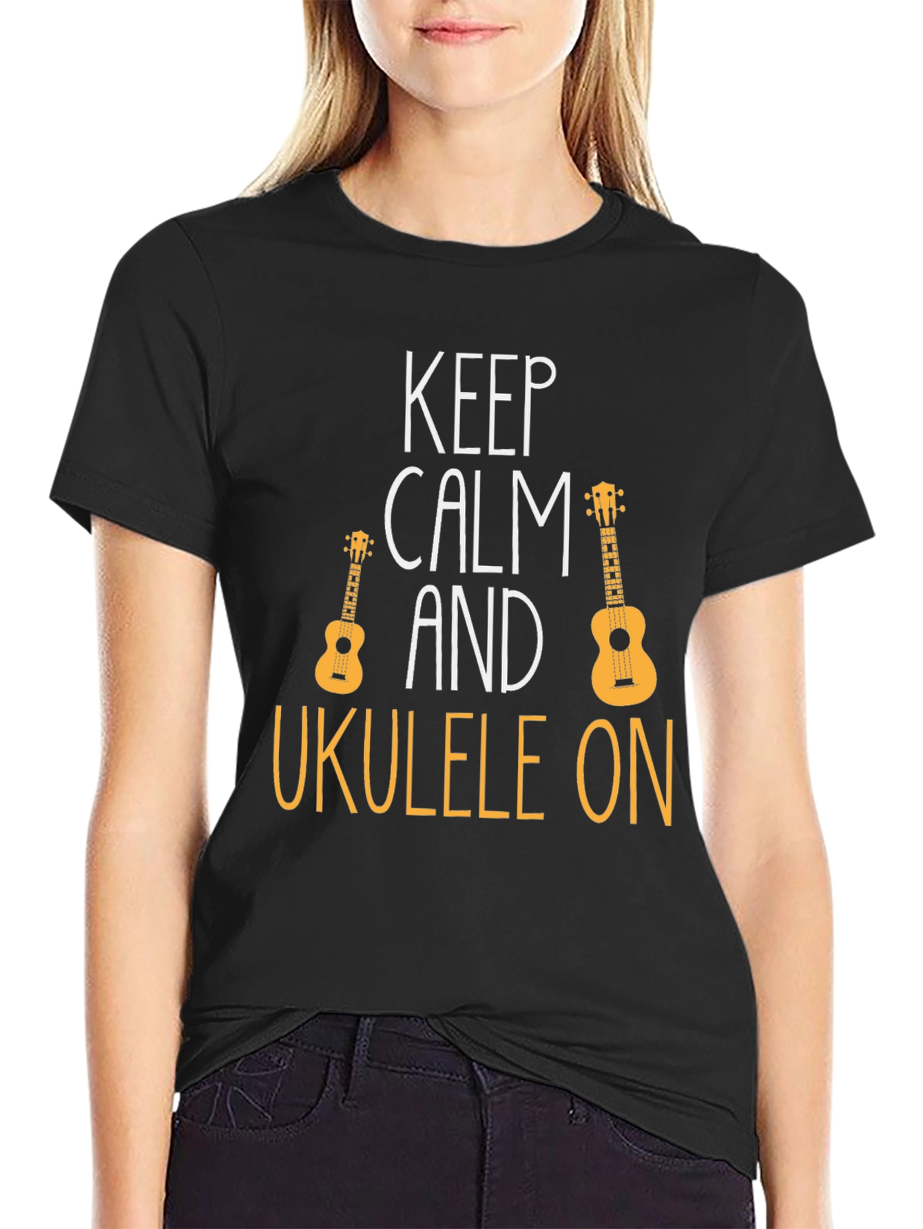 Keep Calm Ukulele On Black T-Shirt