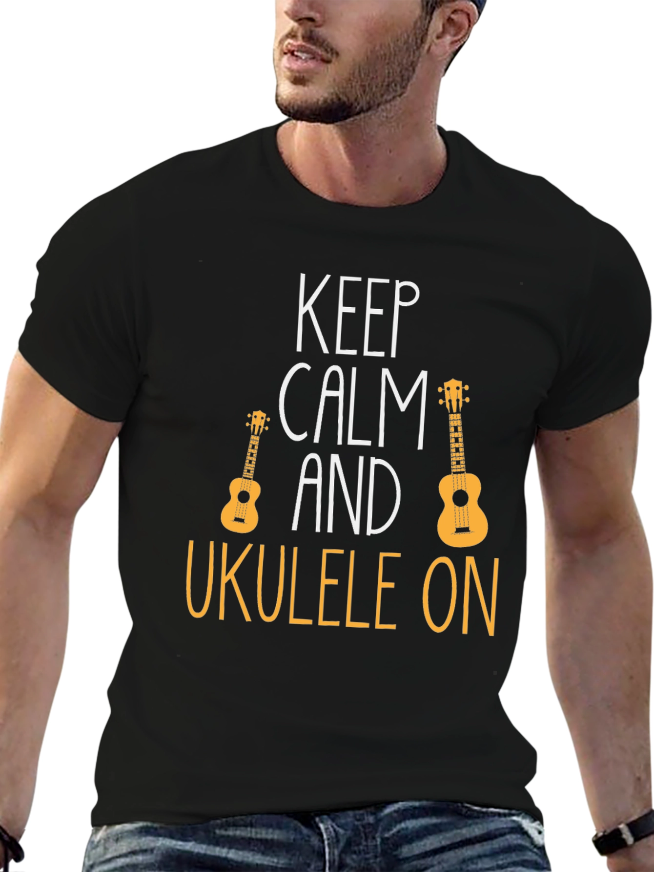 Keep Calm Ukulele On Black T-Shirt