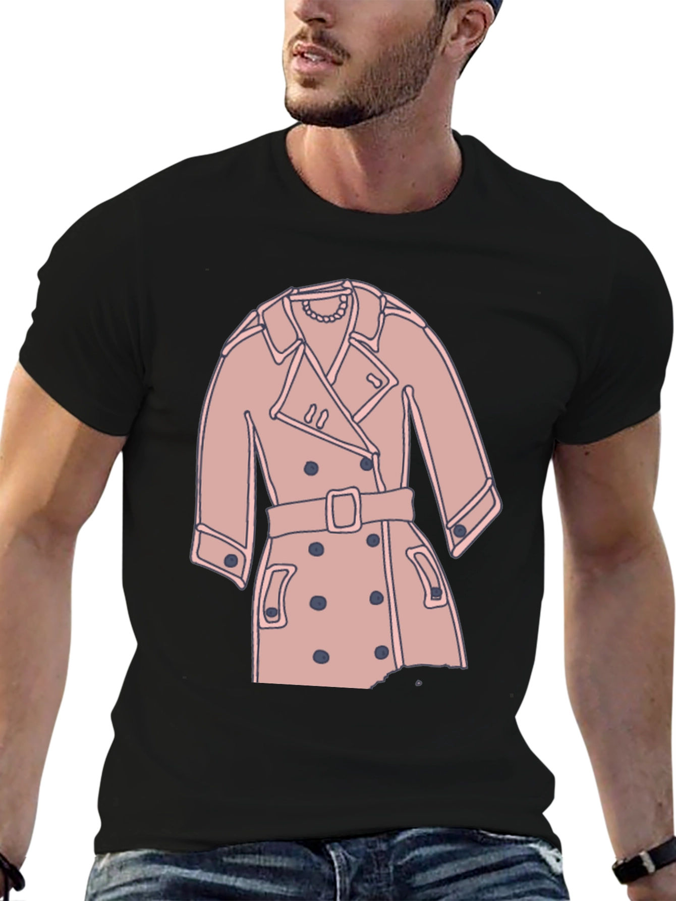 Stylish Trench Coat Graphic Tee - Casual Black T-Shirt
