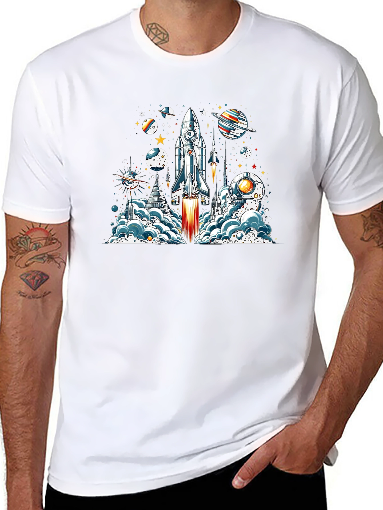 Space Launch T-Shirt - Rocket & Planets Graphic Tee