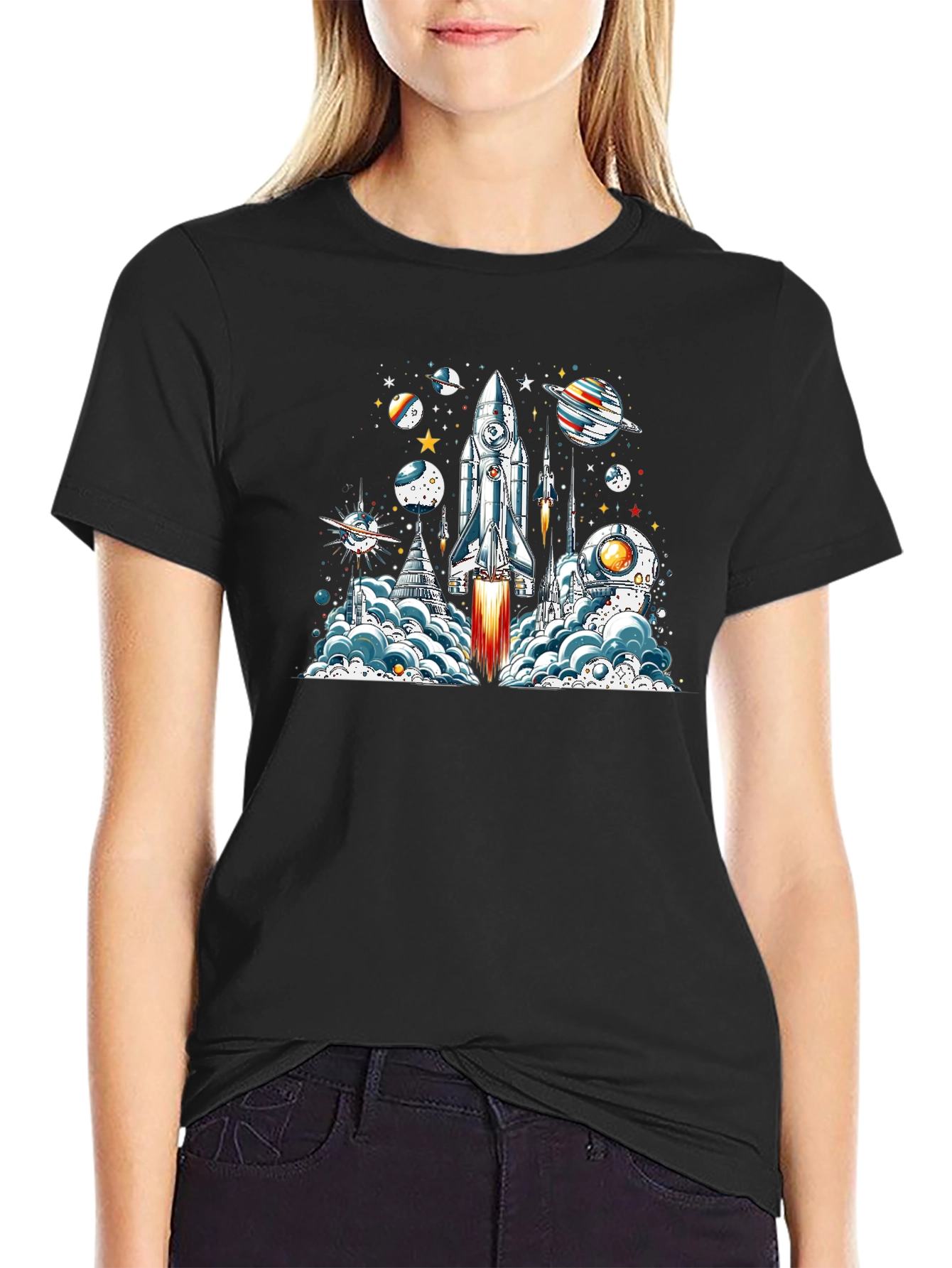 Space Launch T-Shirt - Rocket & Planets Graphic Tee