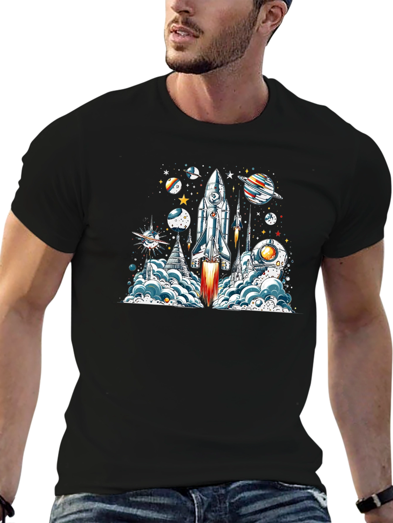 Space Launch T-Shirt - Rocket & Planets Graphic Tee