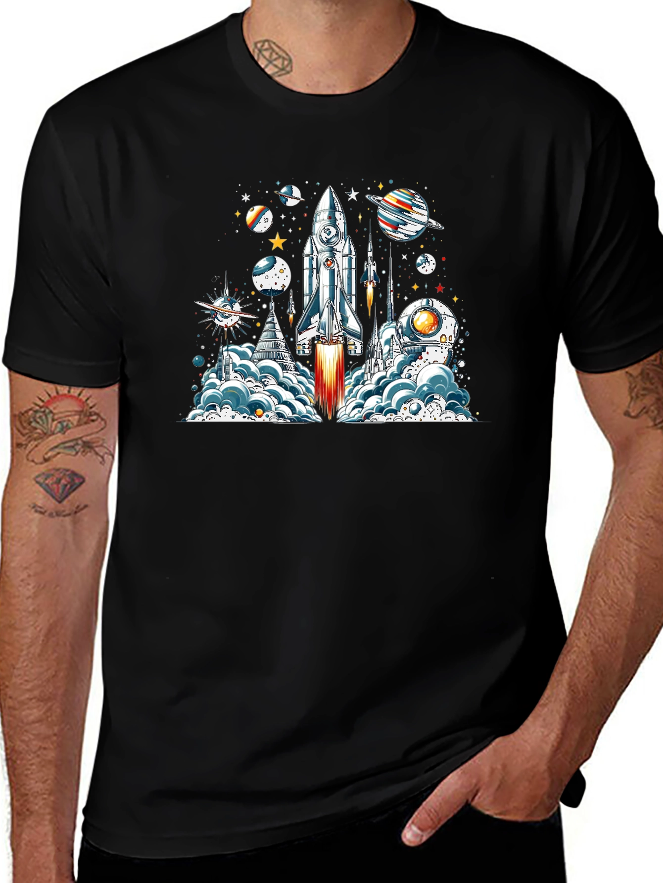 Space Launch T-Shirt - Rocket & Planets Graphic Tee