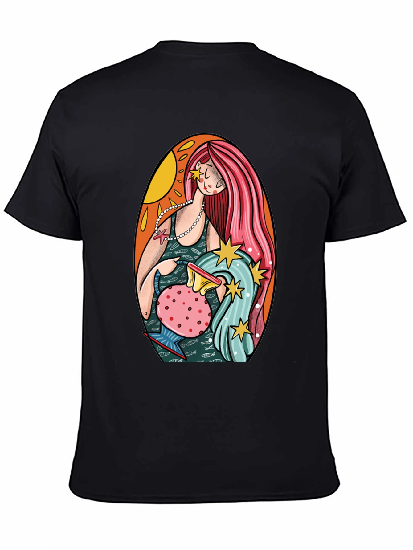 Aquarius Zodiac Graphic Tee - Black Cotton