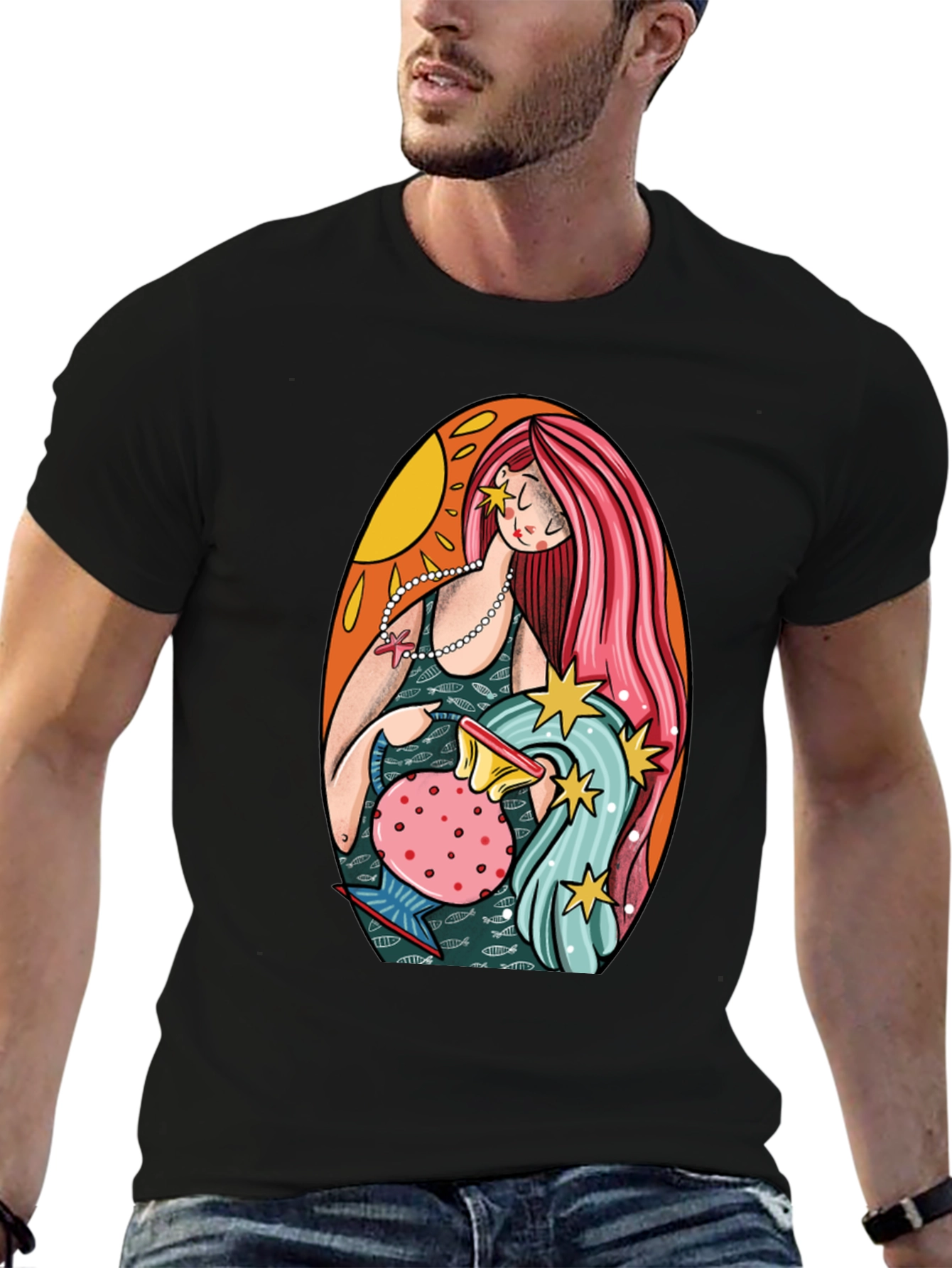 Aquarius Zodiac Graphic Tee - Black Cotton