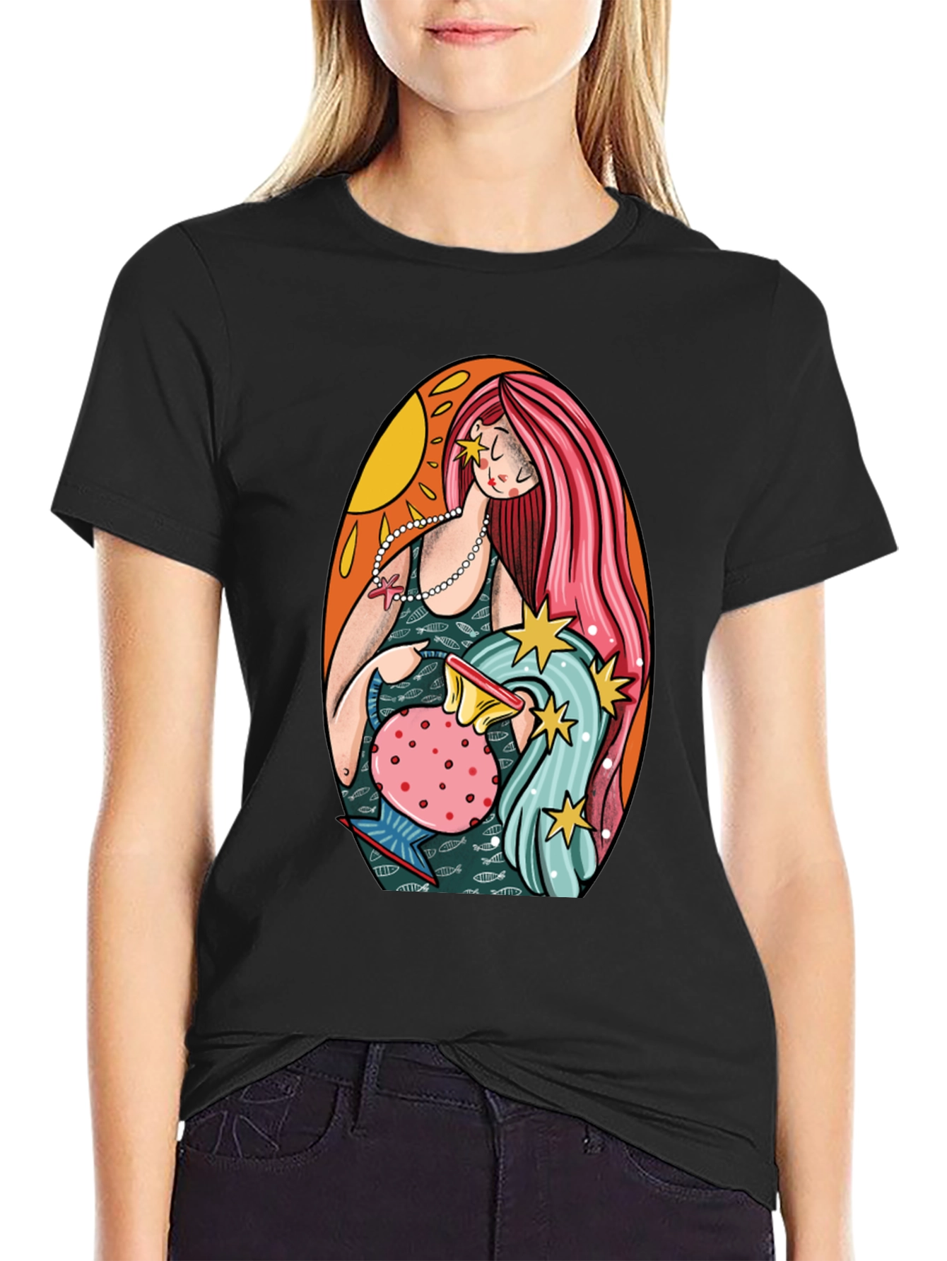 Aquarius Zodiac Graphic Tee - Black Cotton