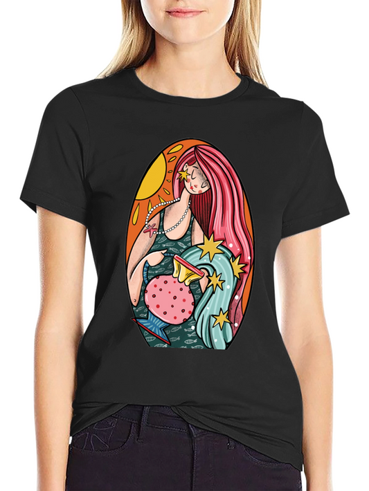 Aquarius Zodiac Graphic Tee - Black Cotton