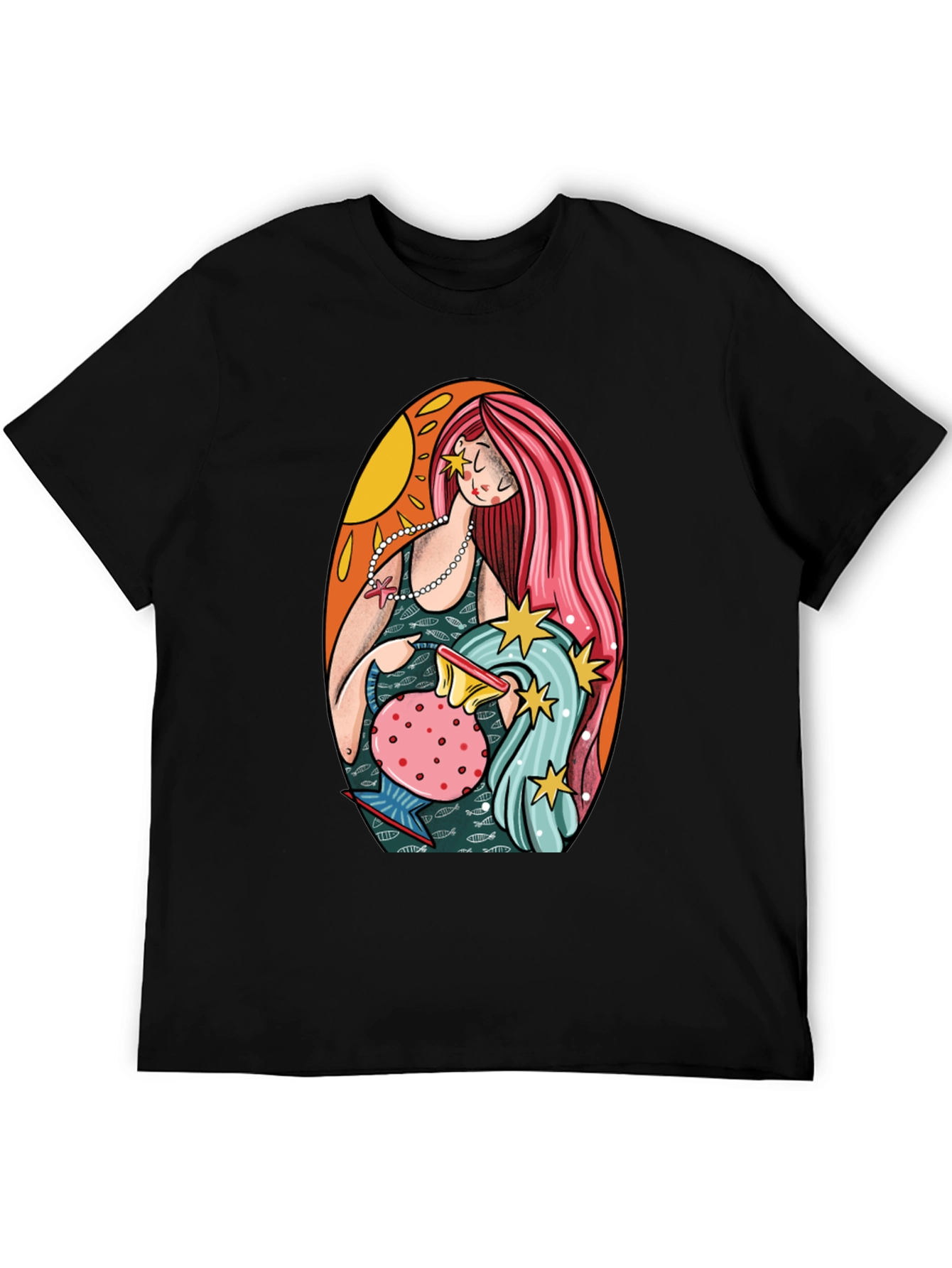 Aquarius Zodiac Graphic Tee - Black Cotton
