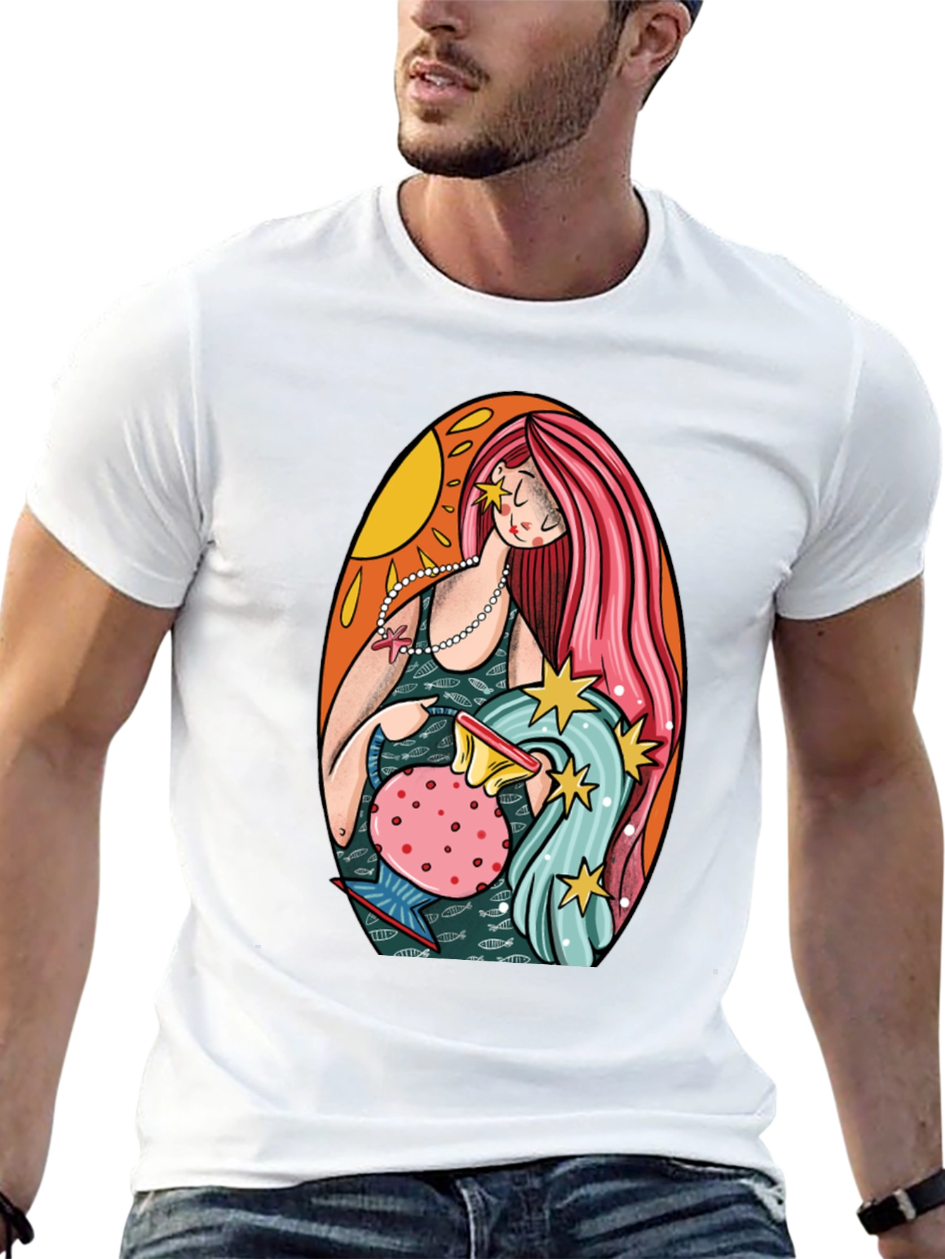 Aquarius Zodiac Graphic Tee - Black Cotton