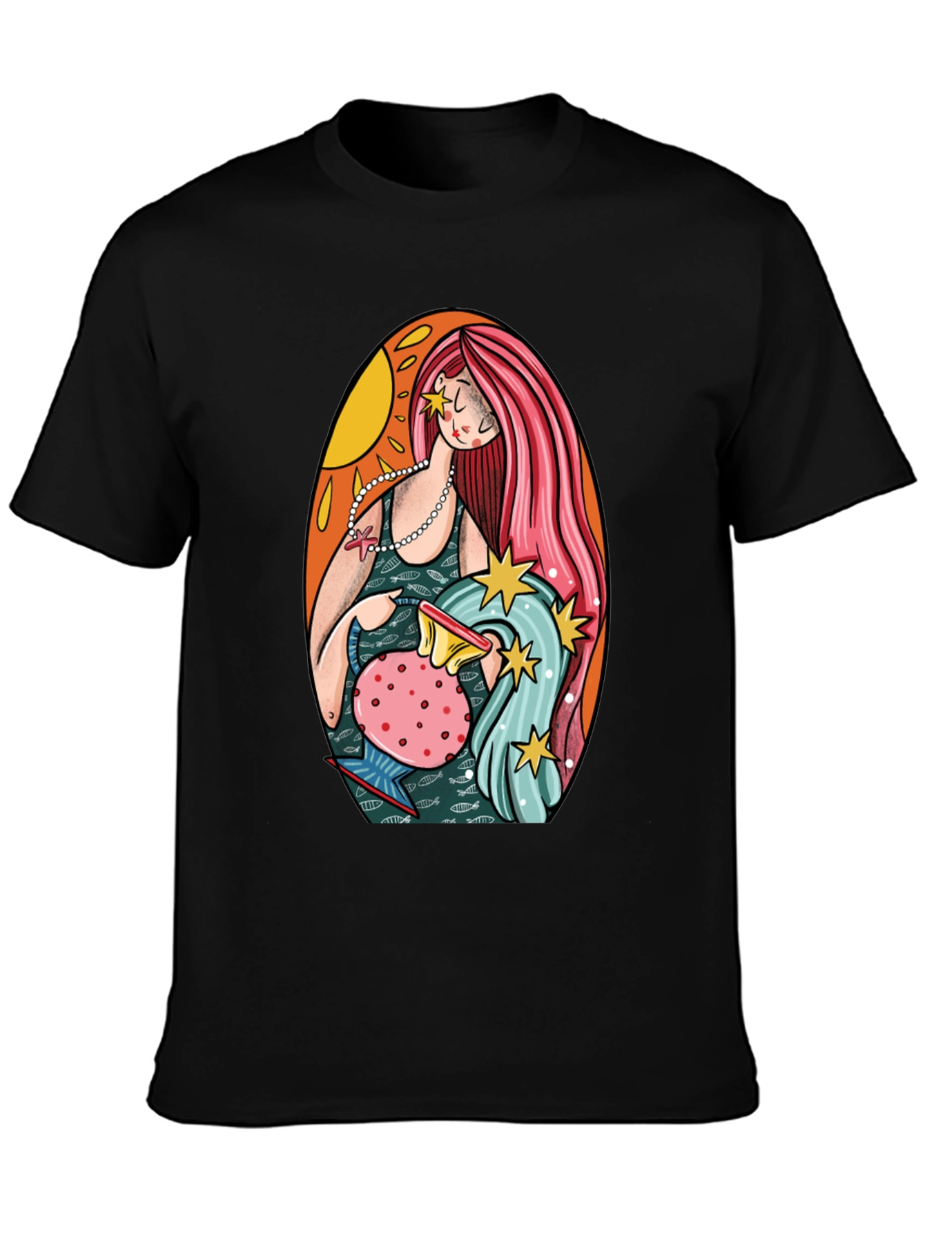 Aquarius Zodiac Graphic Tee - Black Cotton