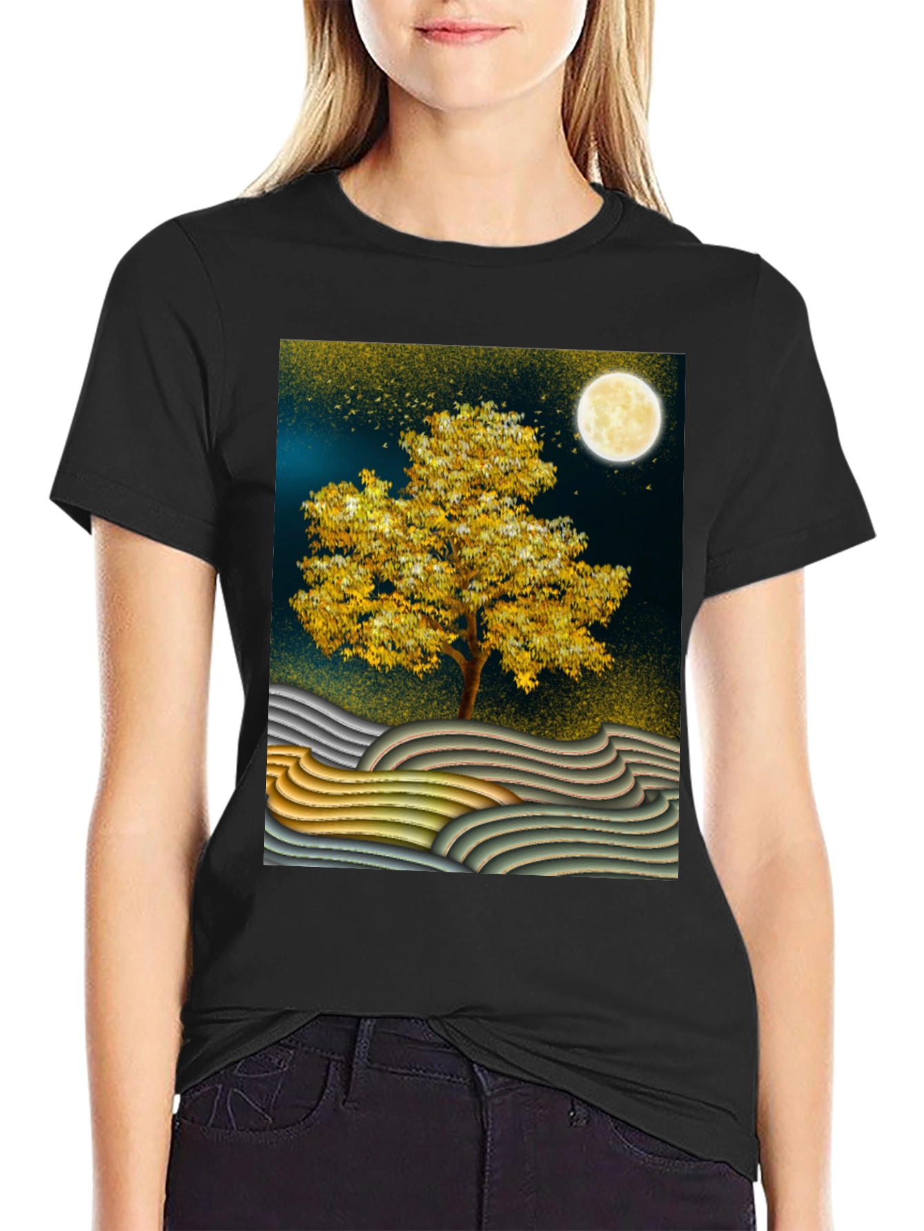 Golden Tree Graphic Tee - Stylish Unisex Black T-Shirt
