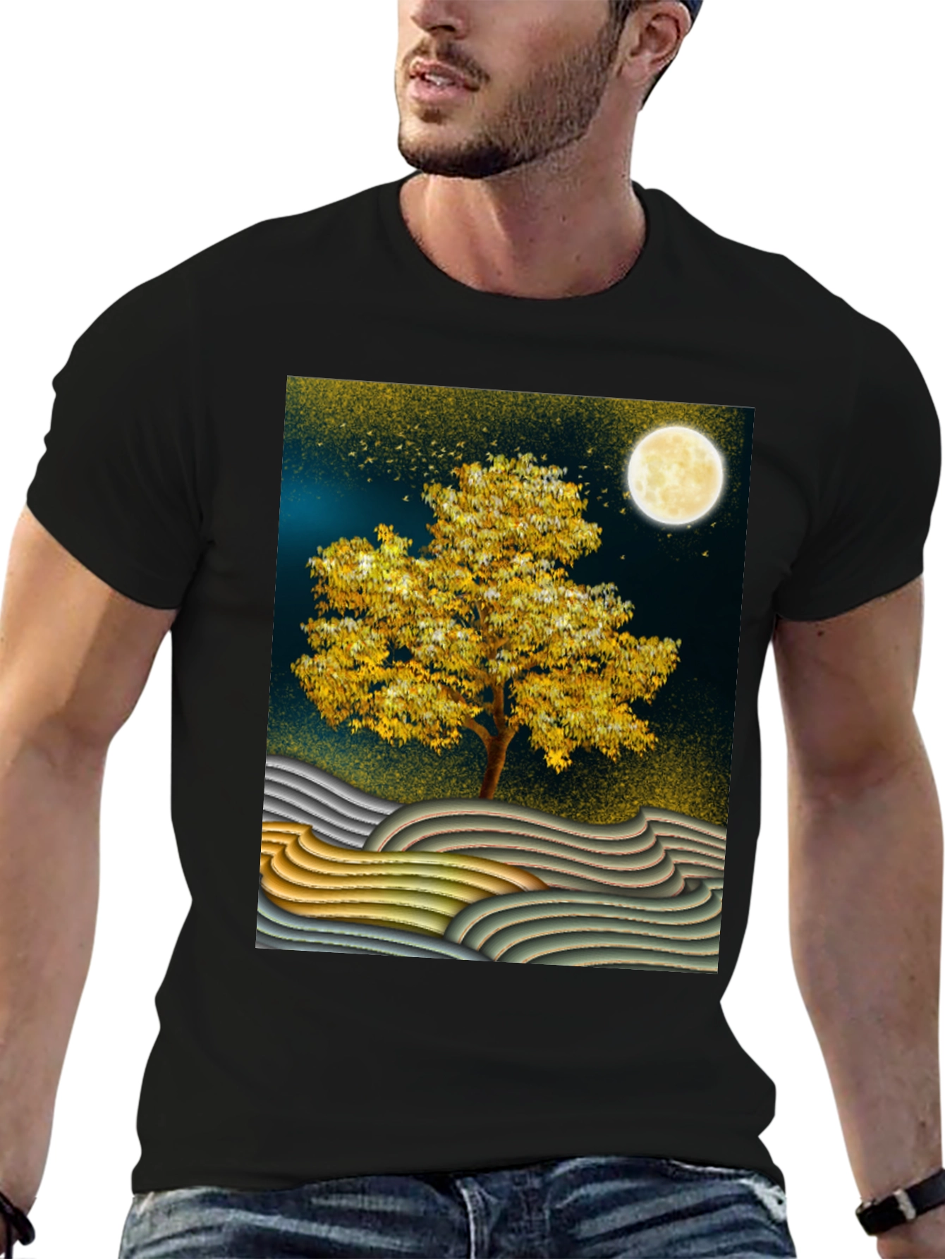 Golden Tree Graphic Tee - Stylish Unisex Black T-Shirt