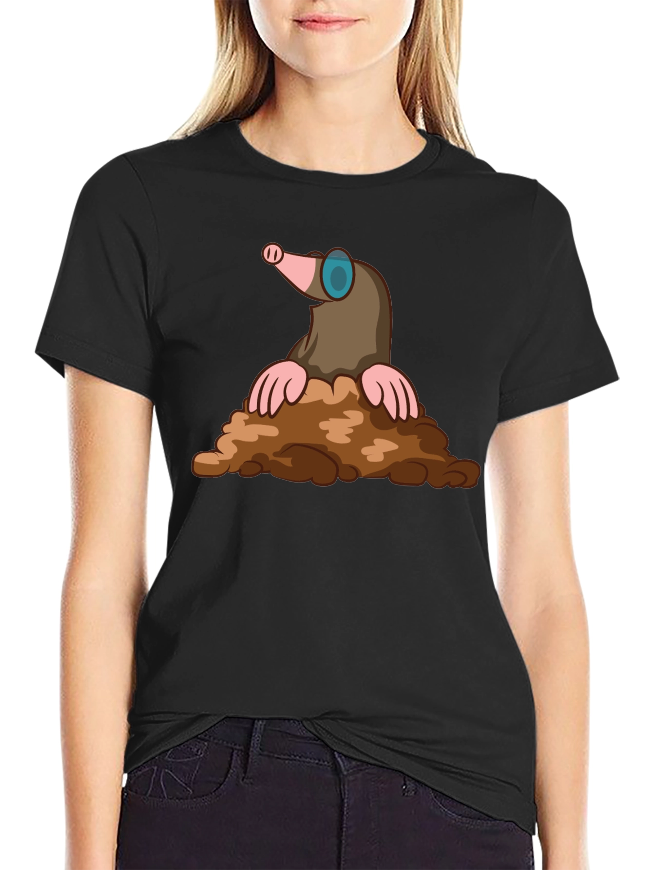 Mole Cartoon Graphic T-Shirt - Black Cotton Tee