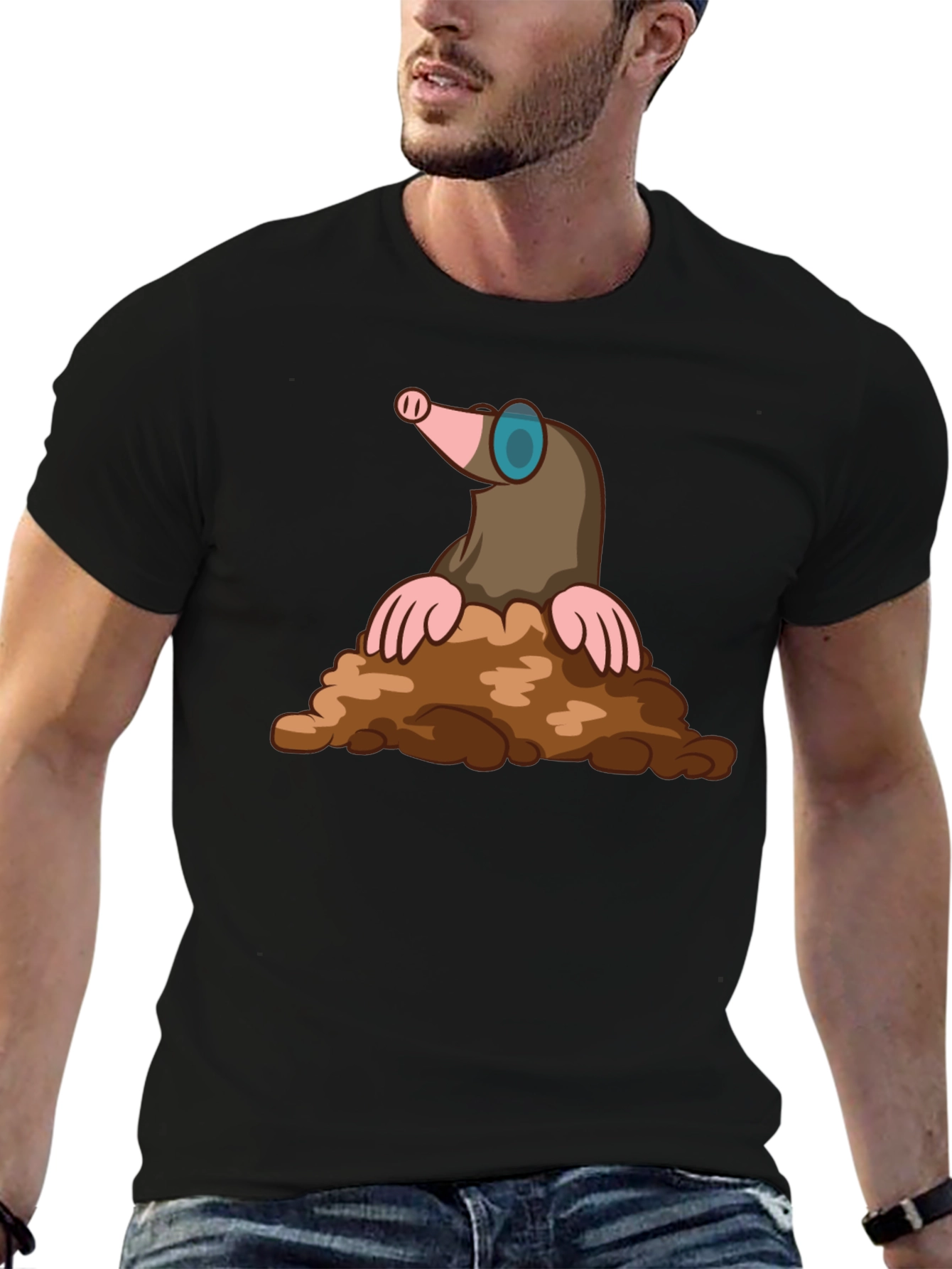 Mole Cartoon Graphic T-Shirt - Black Cotton Tee