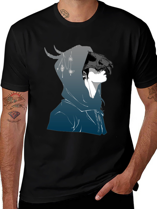 Mens Black Graphic T-Shirt - Skull Hooded Figure