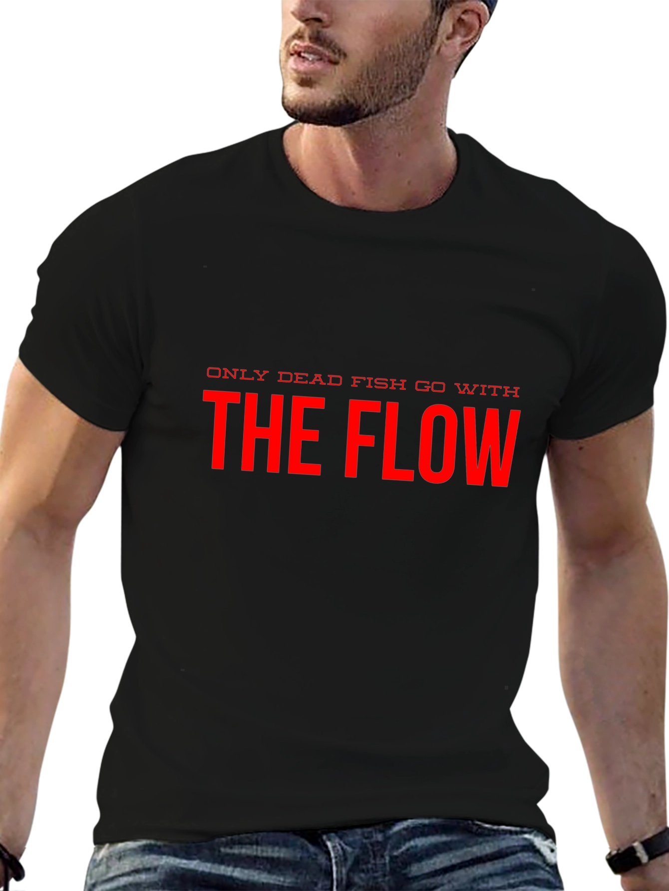 Only Dead Fish Go With The Flow Black T-Shirt