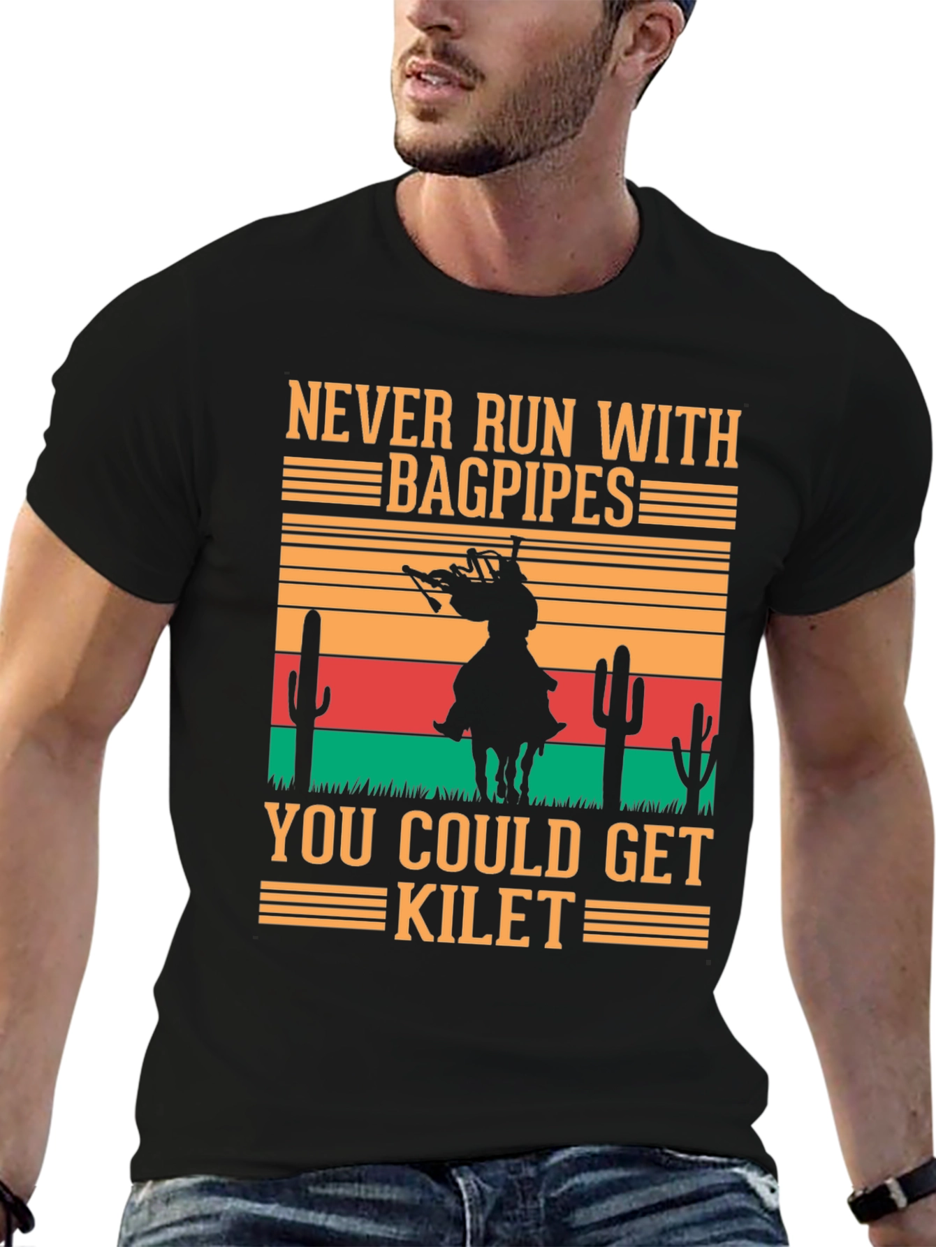 Never Run with Bagpipes Funny T-Shirt