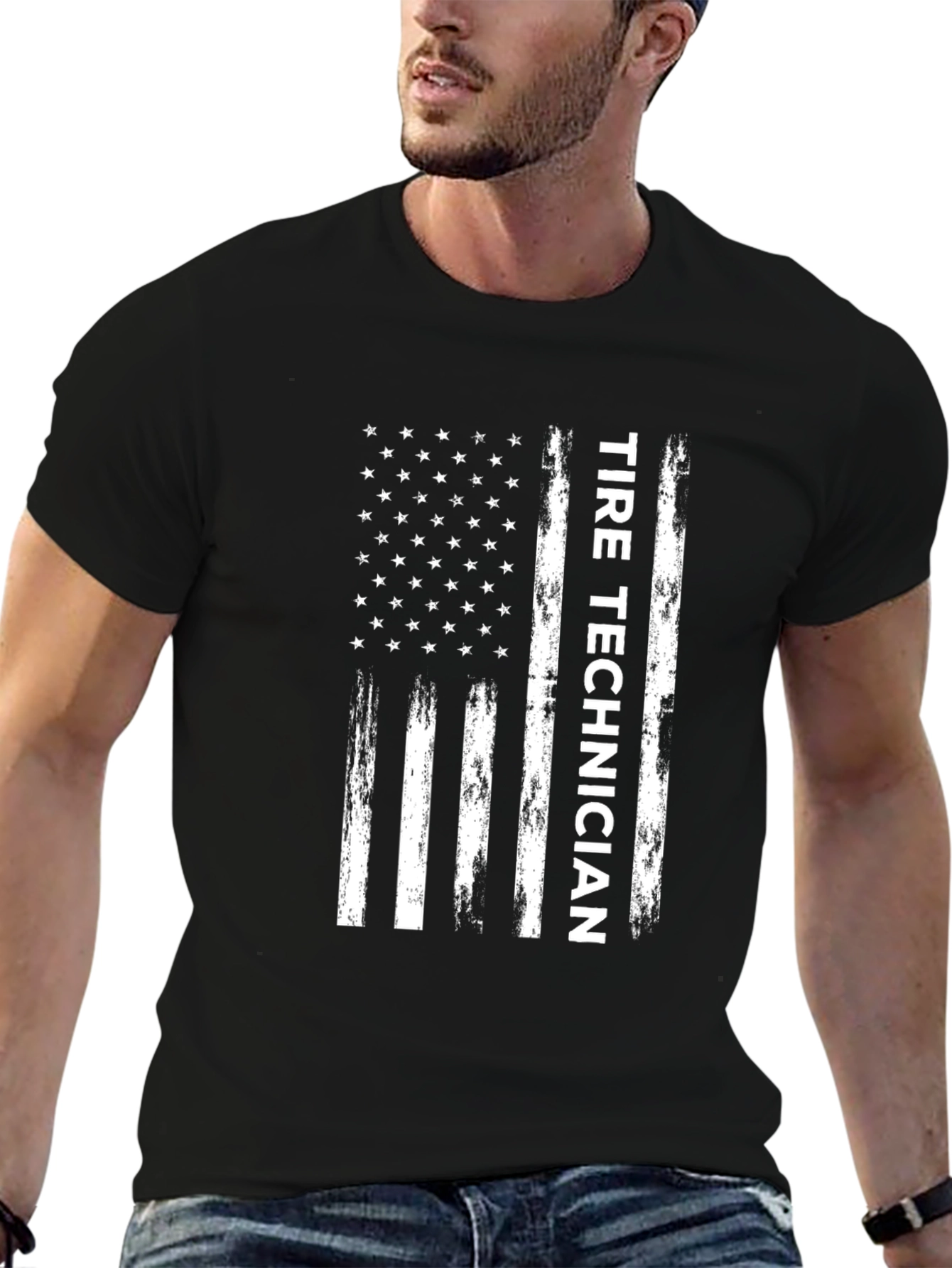 Tire Technician American Flag Graphic Tee - Black Cotton