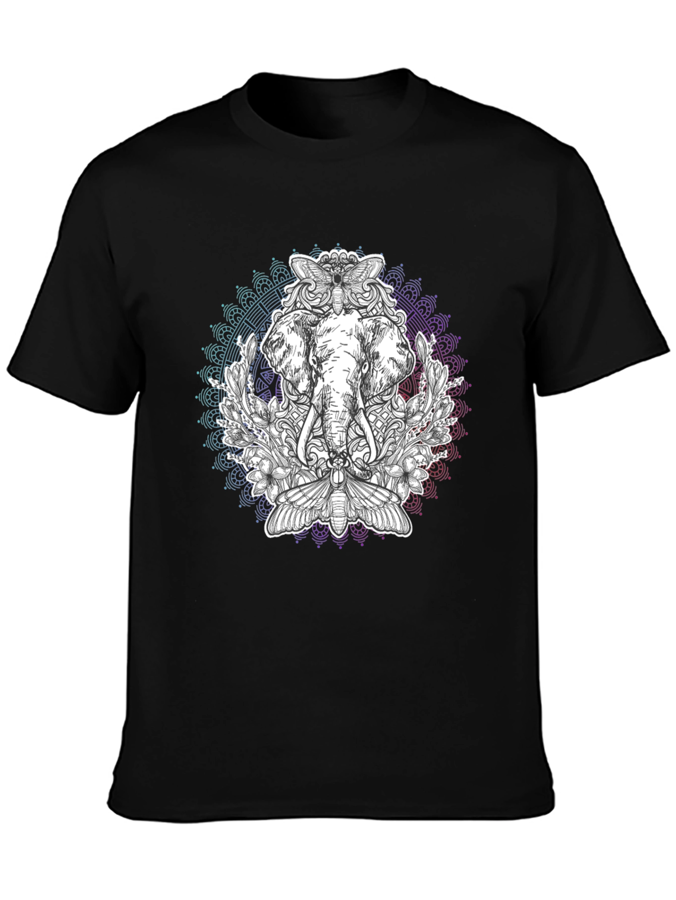 Elephant Mandala Graphic Print Black T-Shirt