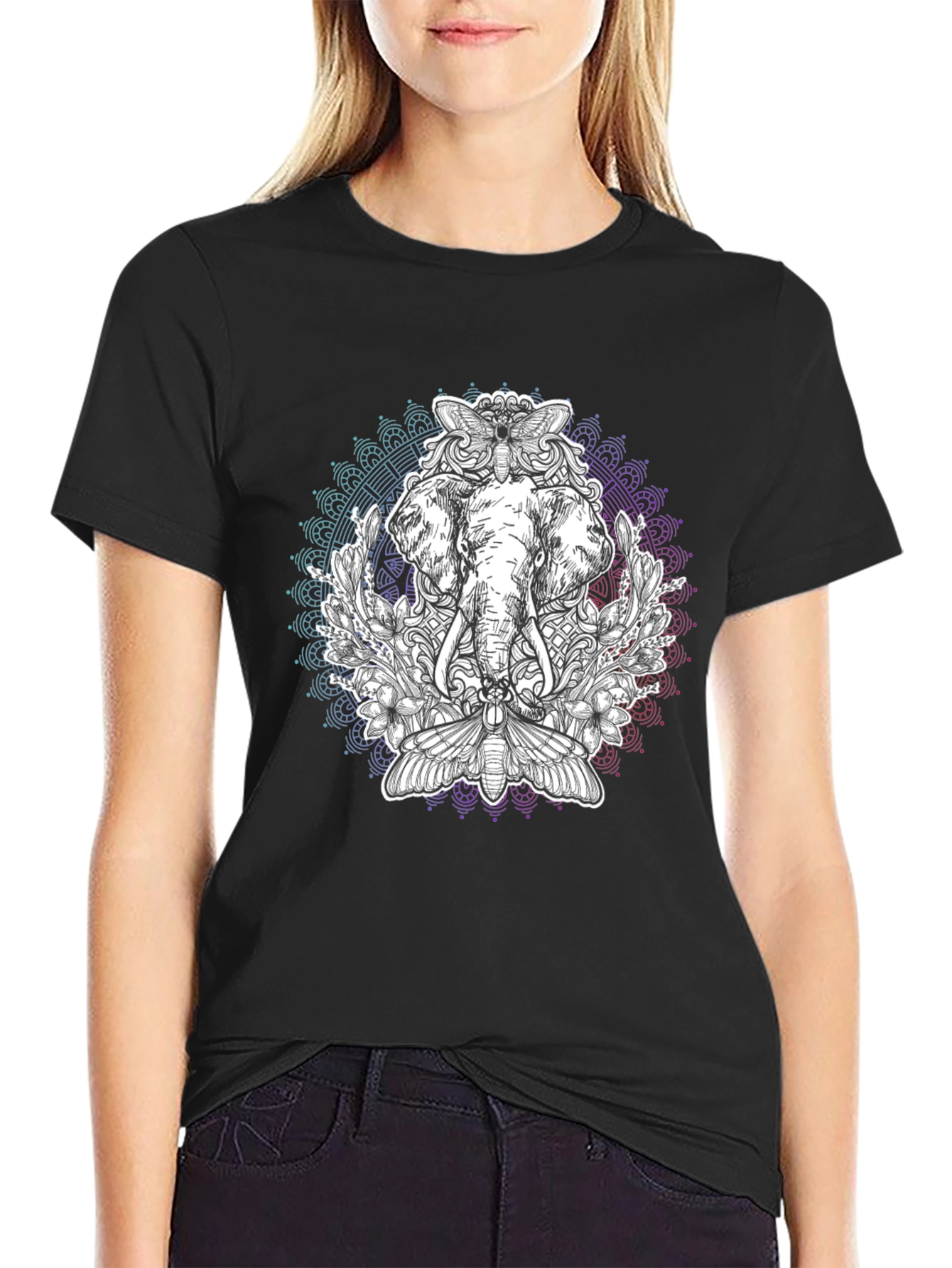 Elephant Mandala Graphic Print Black T-Shirt