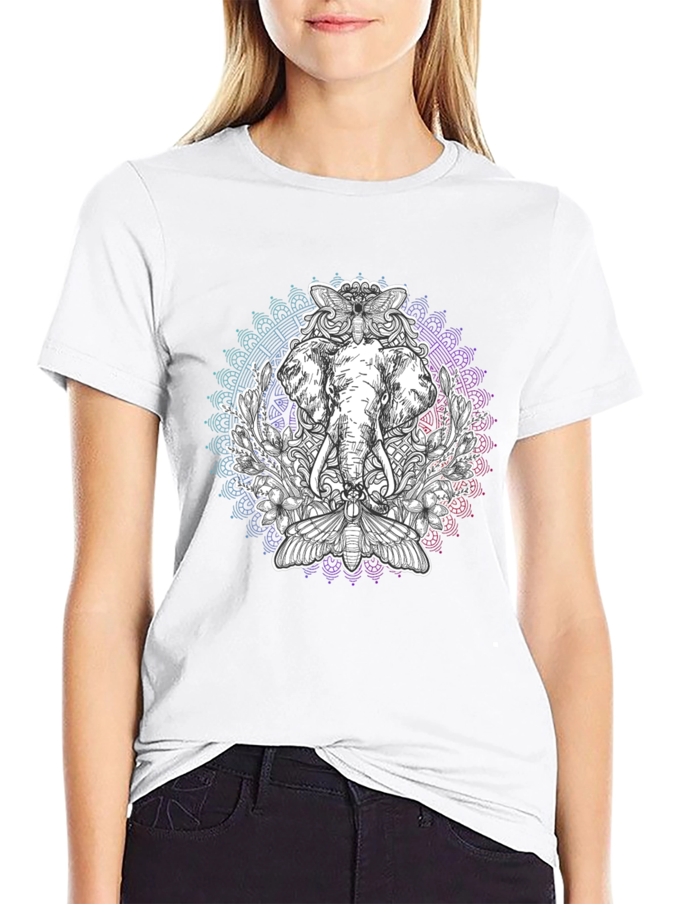 Elephant Mandala Graphic Print Black T-Shirt