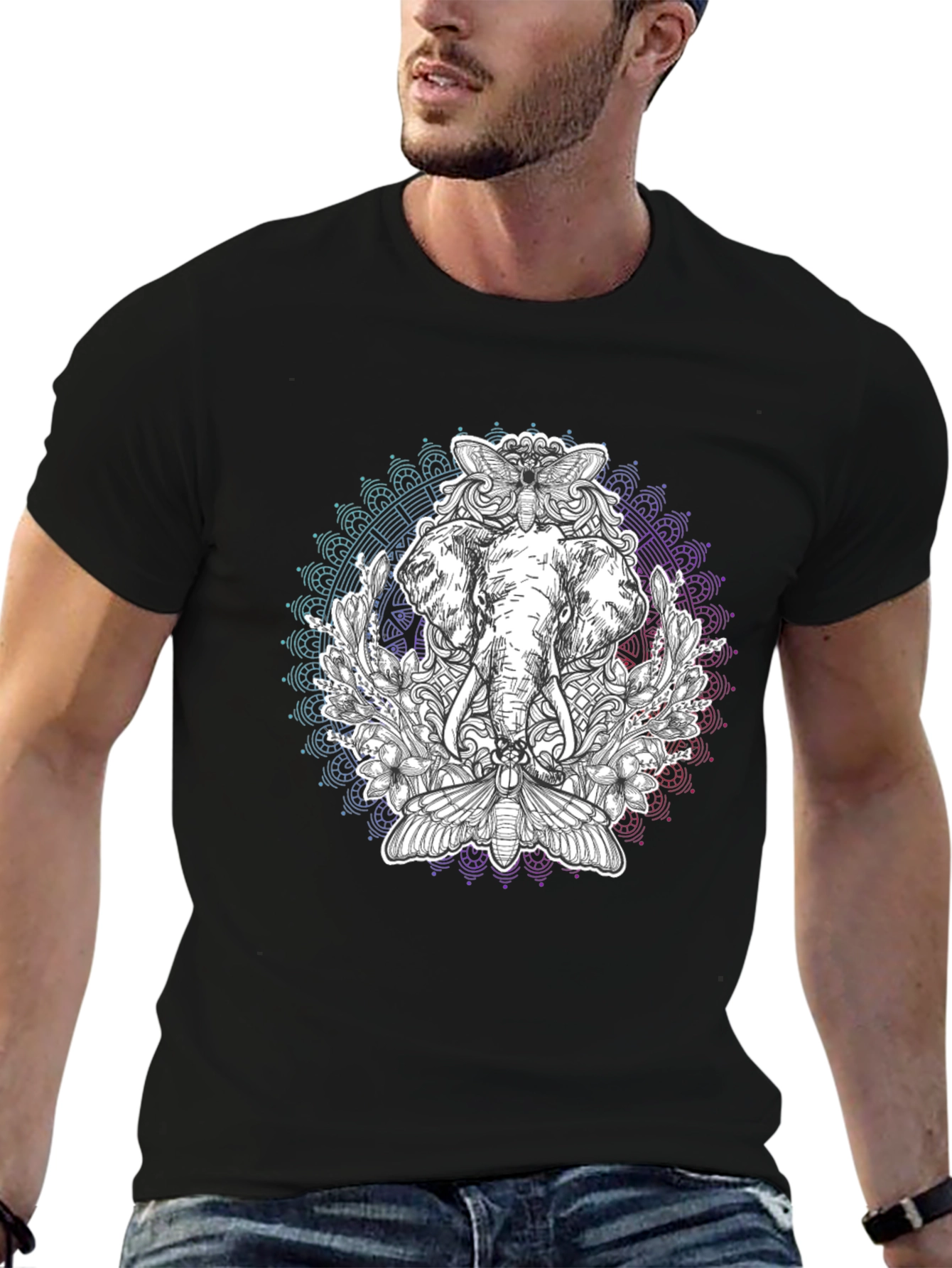 Elephant Mandala Graphic Print Black T-Shirt