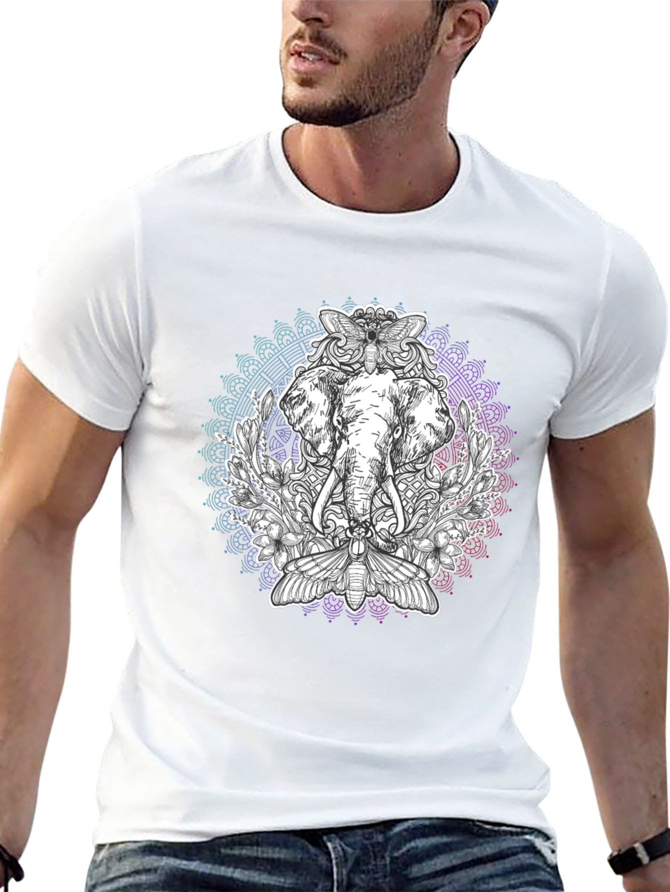 Elephant Mandala Graphic Print Black T-Shirt