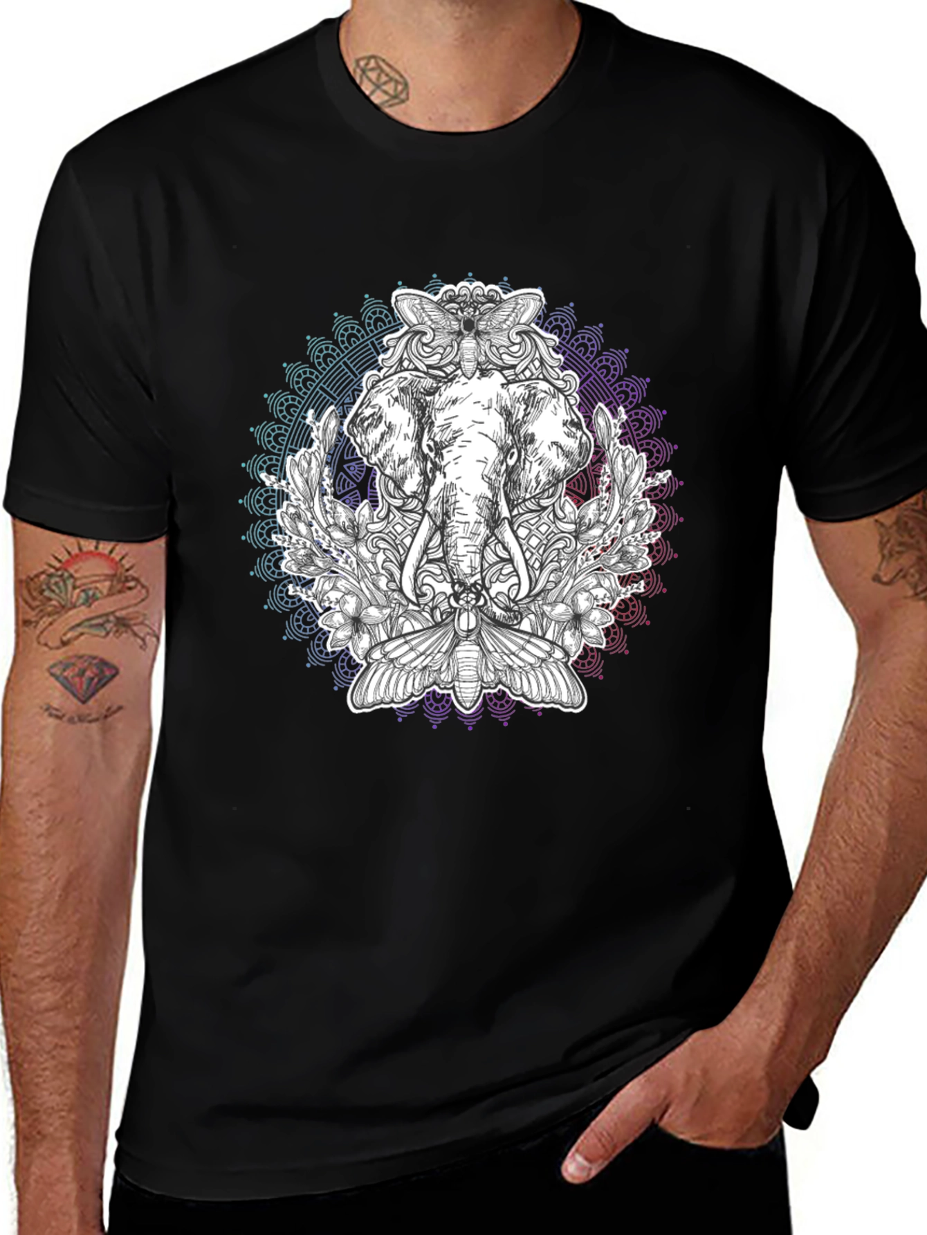 Elephant Mandala Graphic Print Black T-Shirt
