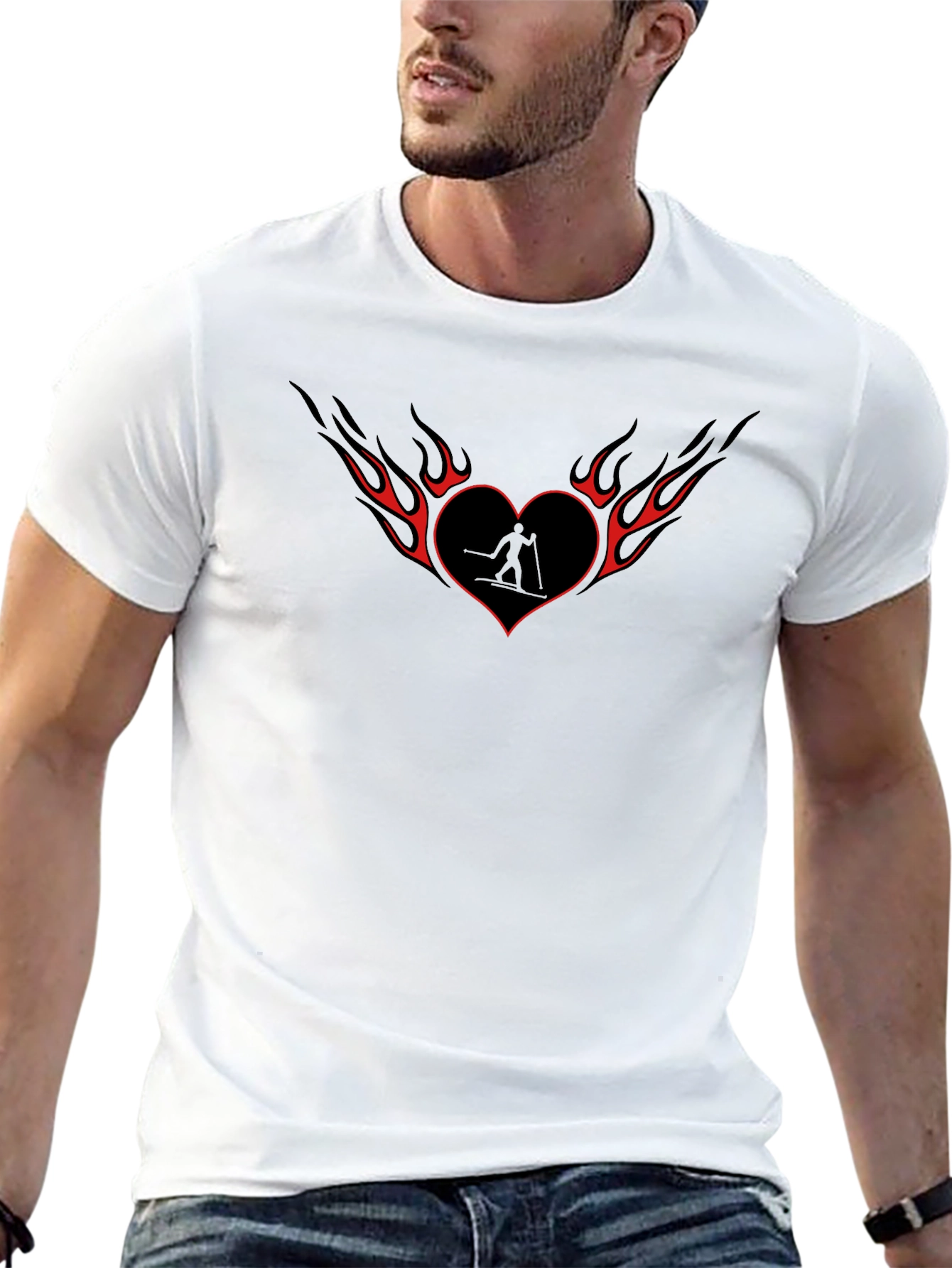 Heart Flame Skier Black T-Shirt