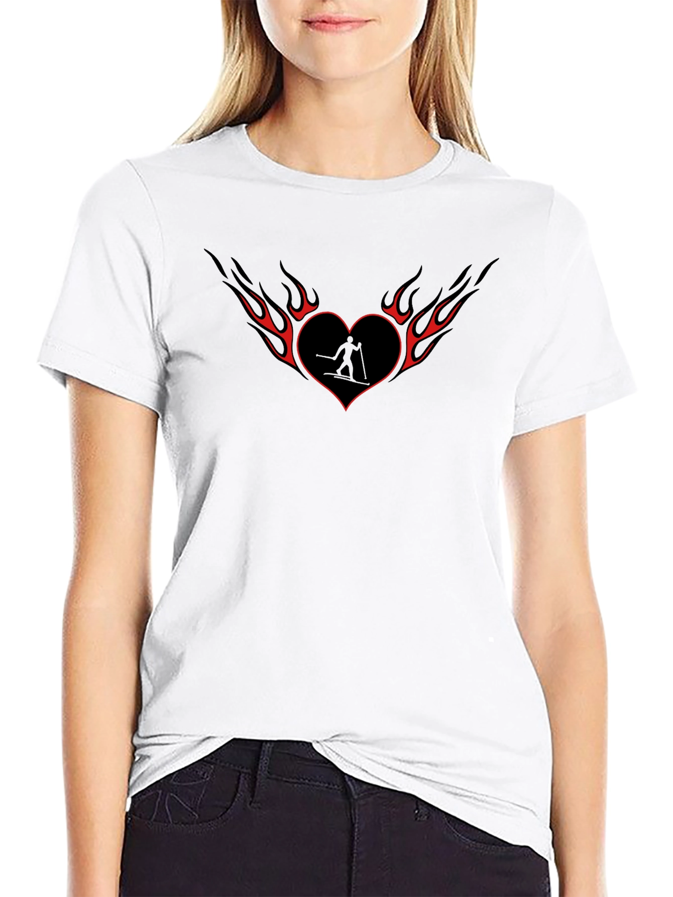 Heart Flame Skier Black T-Shirt