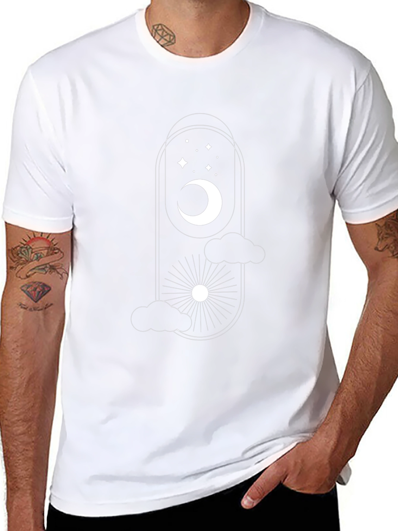 Celestial Dreams Black T-Shirt: Moon Stars & Sun Design