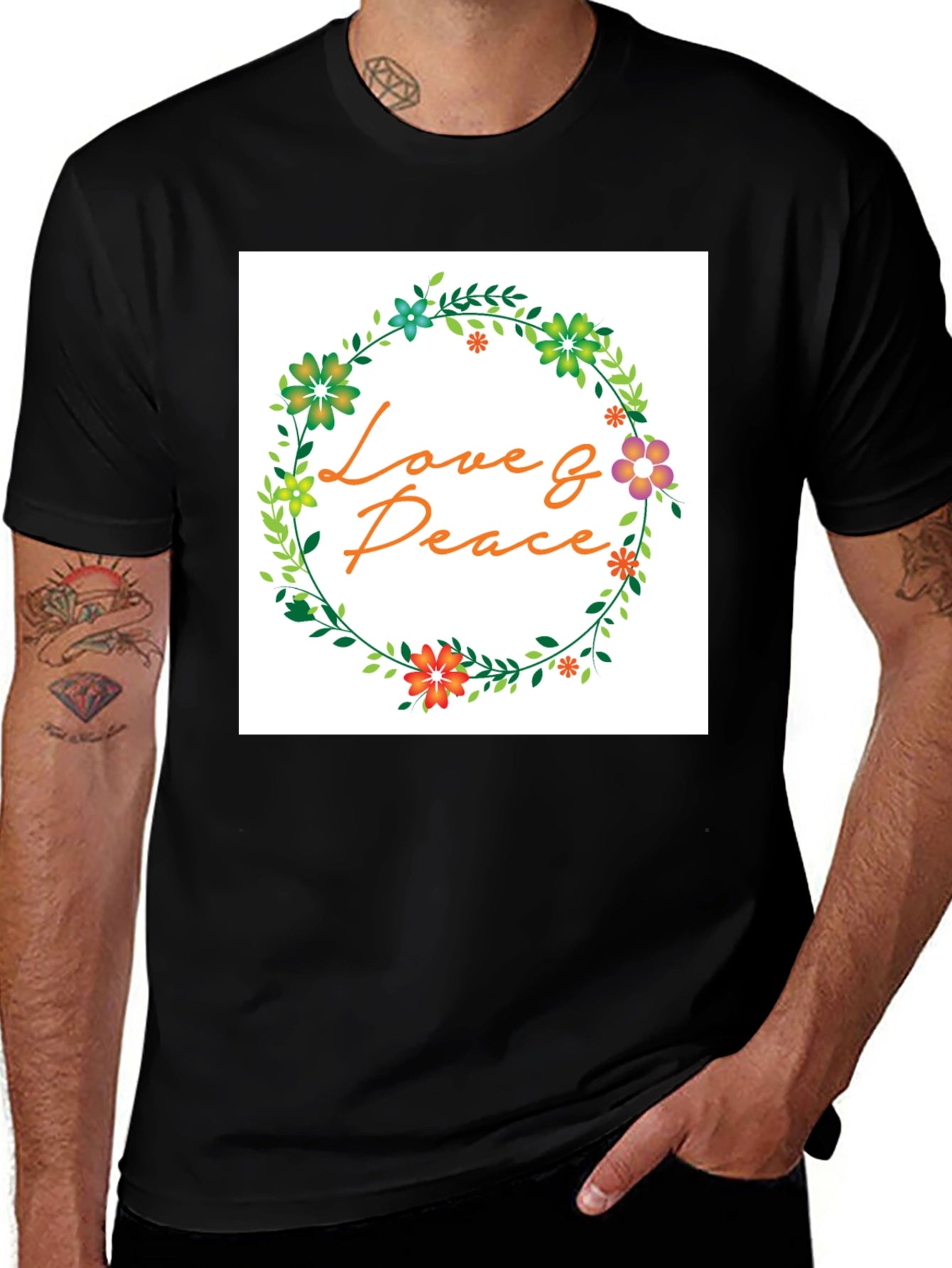 Love & Peace Floral Wreath Graphic T-Shirt