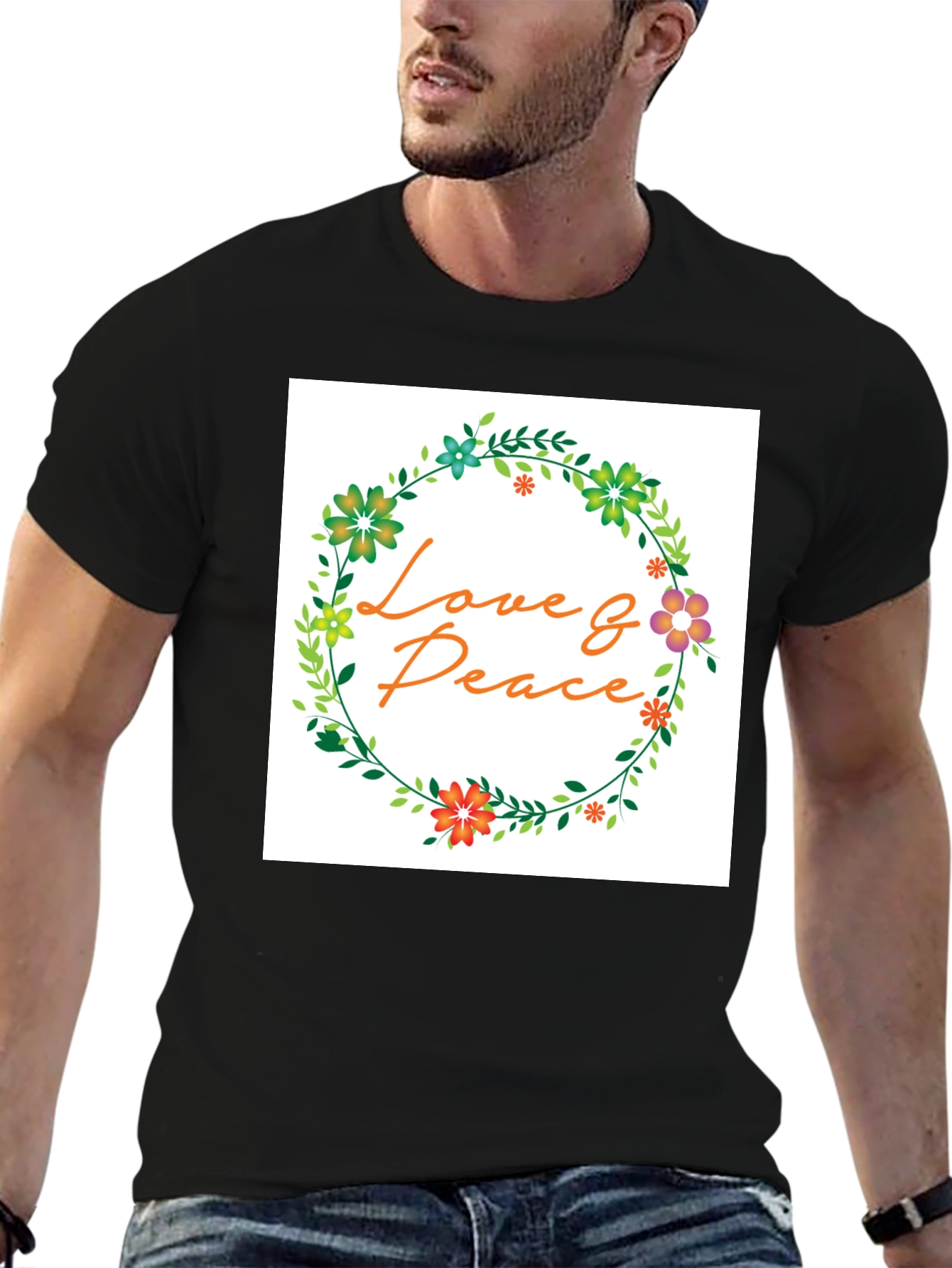 Love & Peace Floral Wreath Graphic T-Shirt