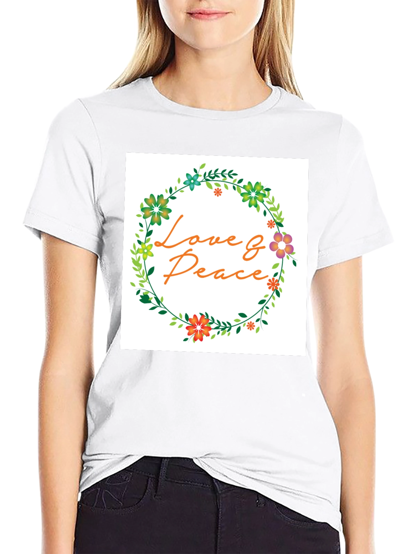 Love & Peace Floral Wreath Graphic T-Shirt