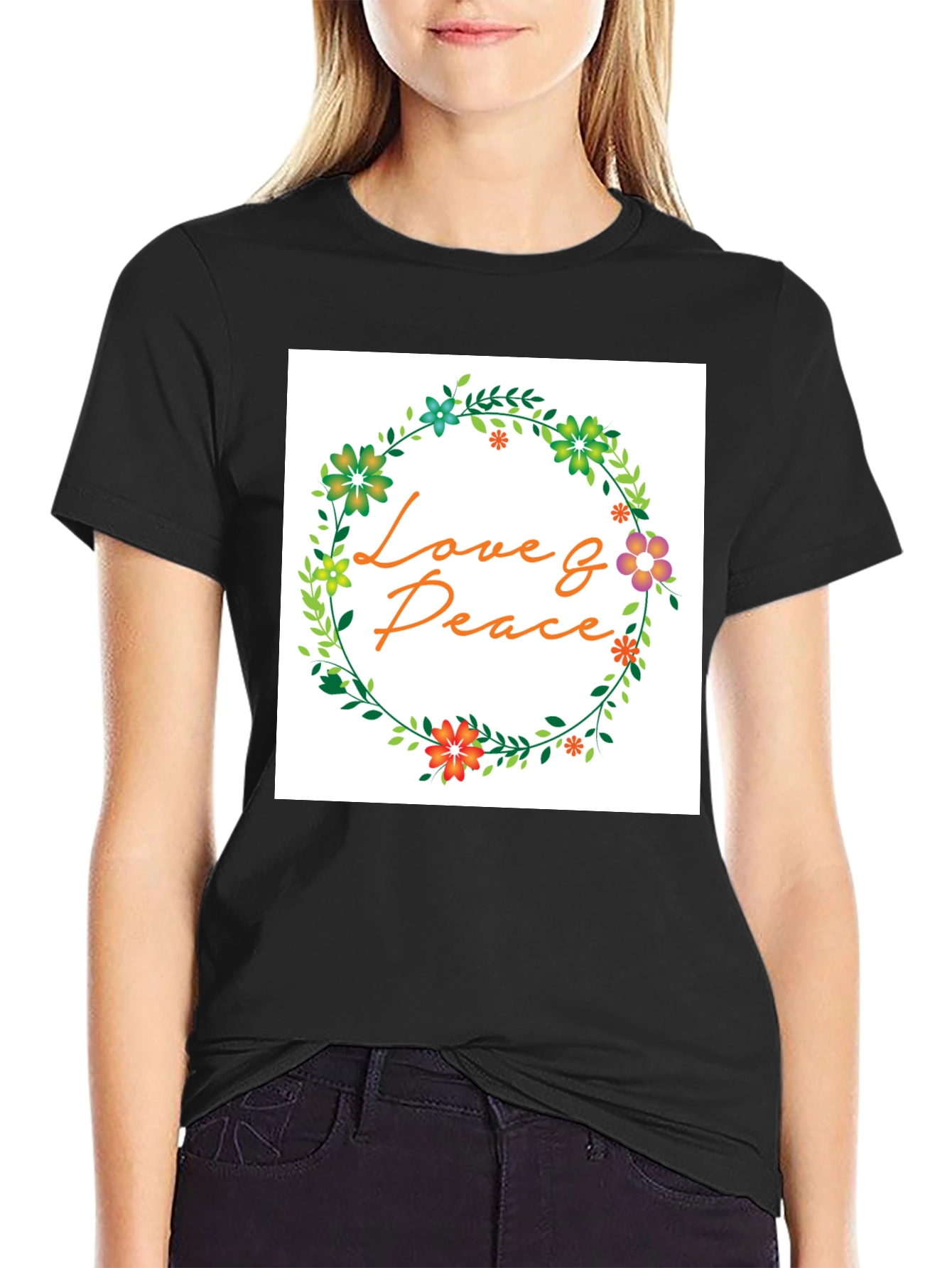 Love & Peace Floral Wreath Graphic T-Shirt