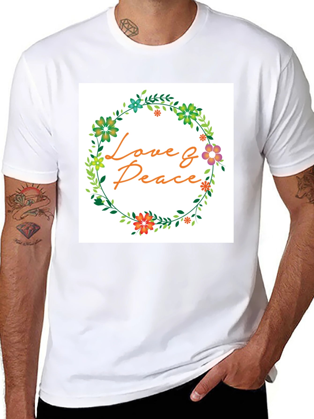 Love & Peace Floral Wreath Graphic T-Shirt