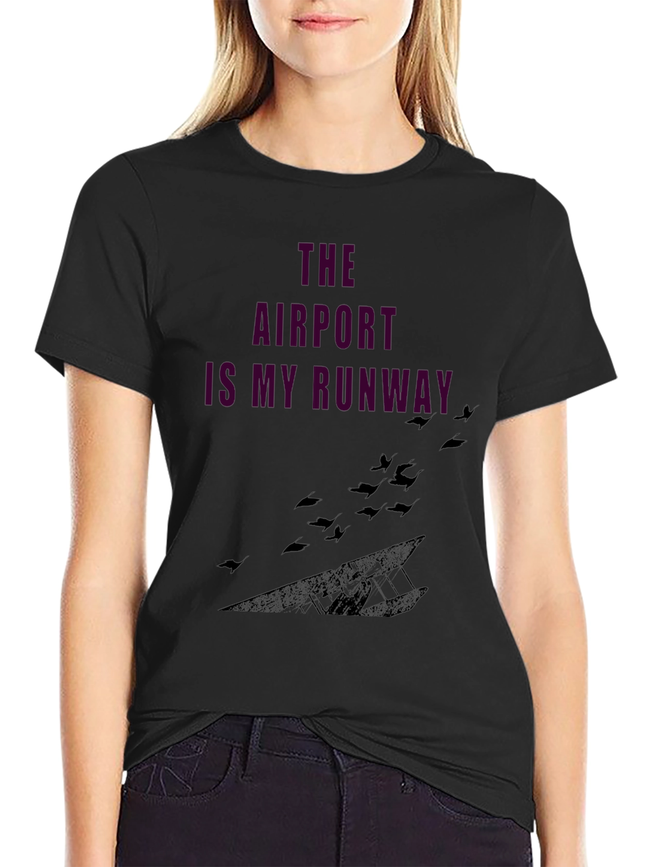 Airport Runway Graphic Tee - Black Casual T-Shirt