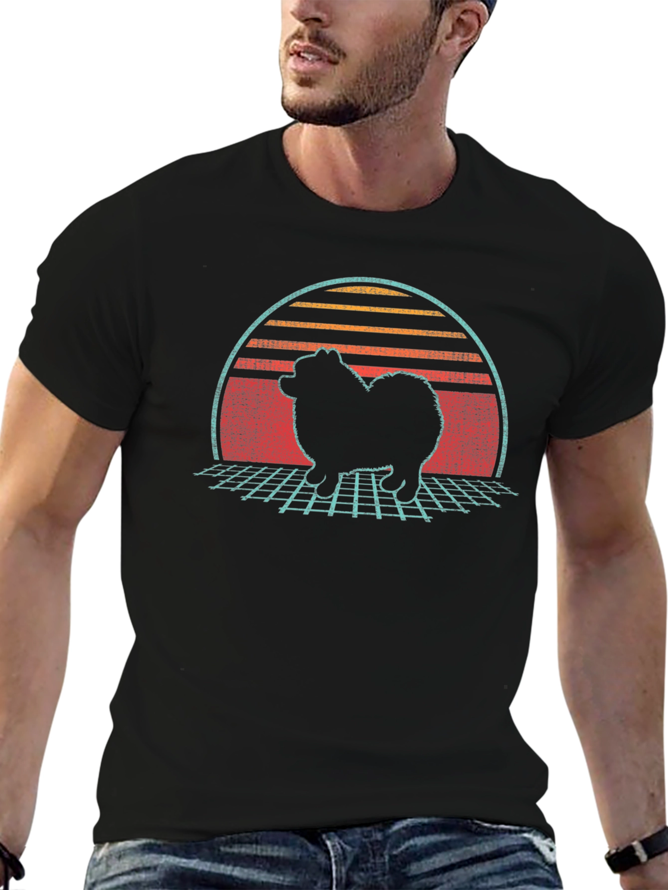 Retro Sunset Spitz Dog T-Shirt