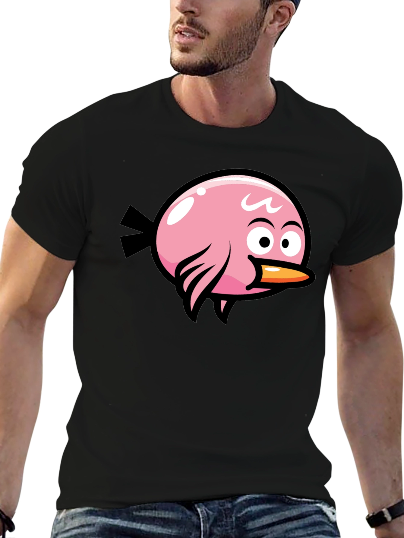 Pink Bird Graphic Black T-Shirt