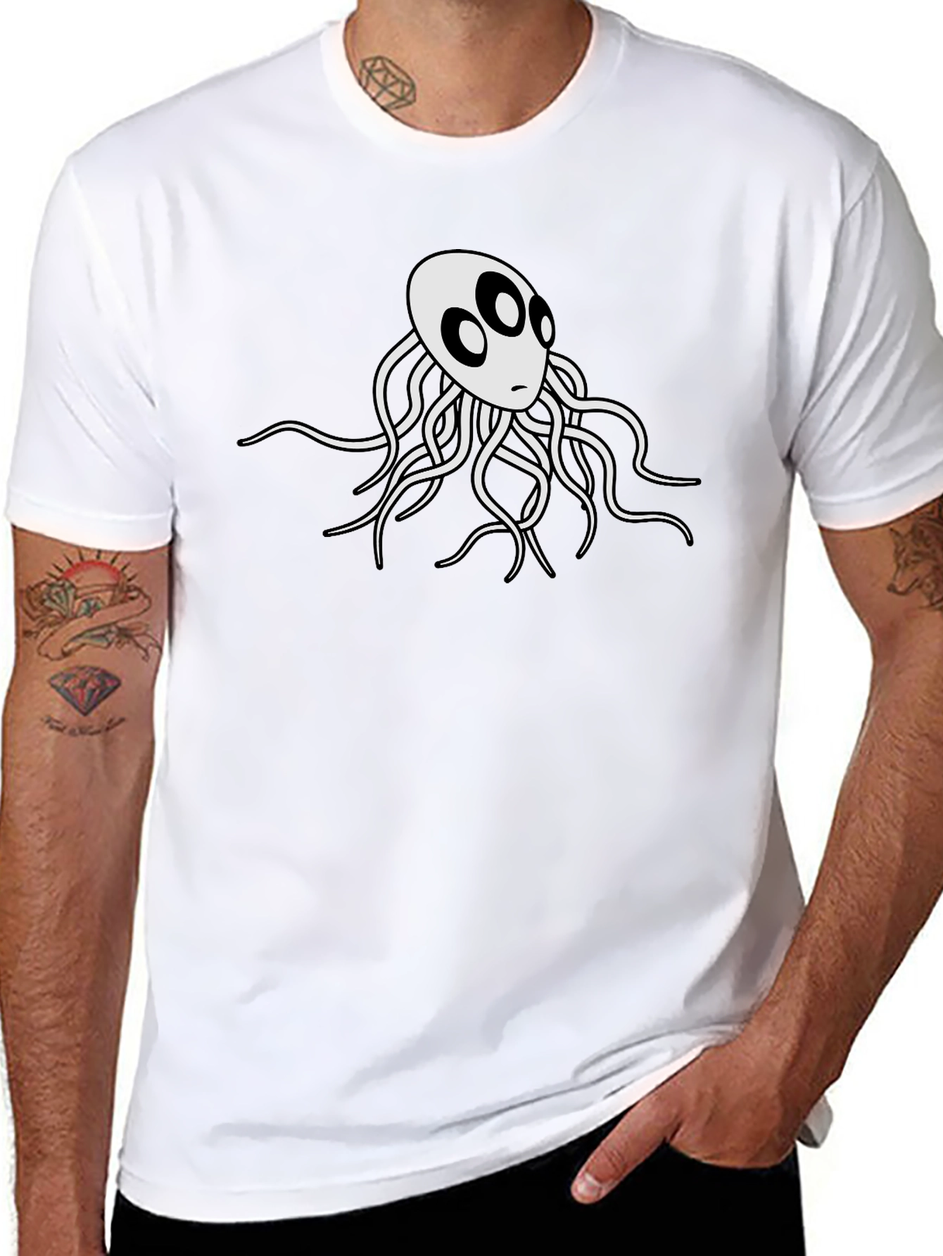 Mens Black T-Shirt with White Octopus Graphic