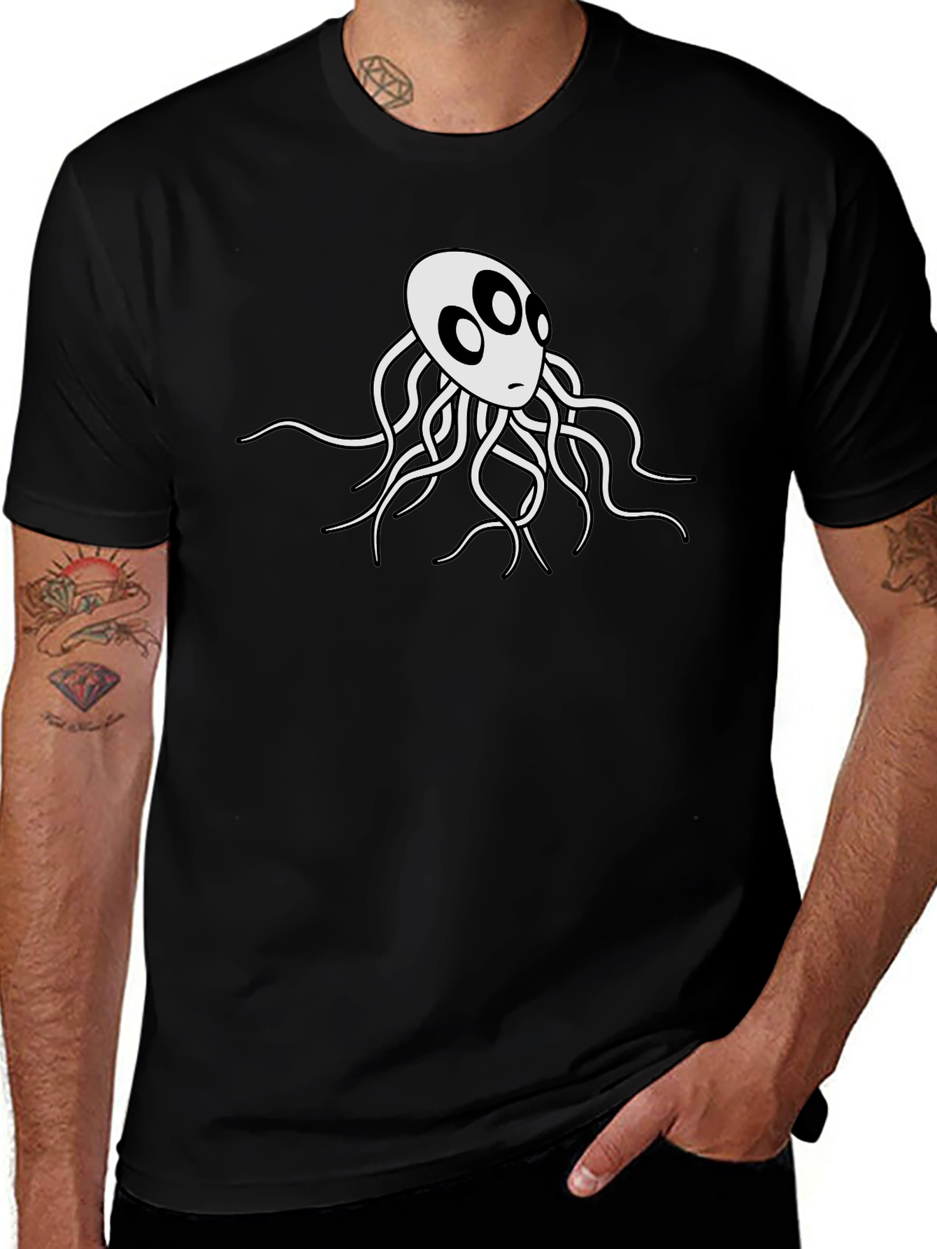 Mens Black T-Shirt with White Octopus Graphic