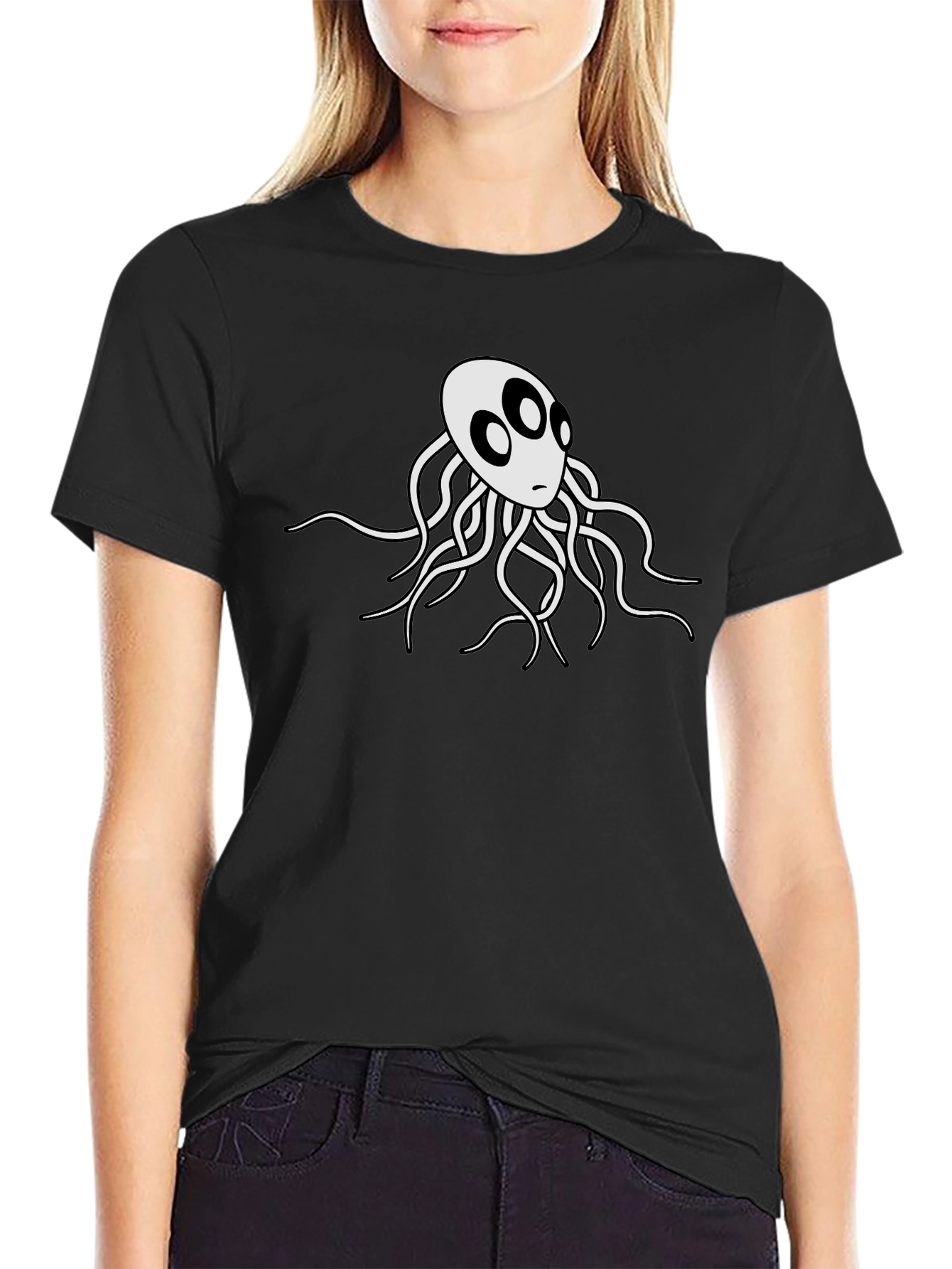 Mens Black T-Shirt with White Octopus Graphic