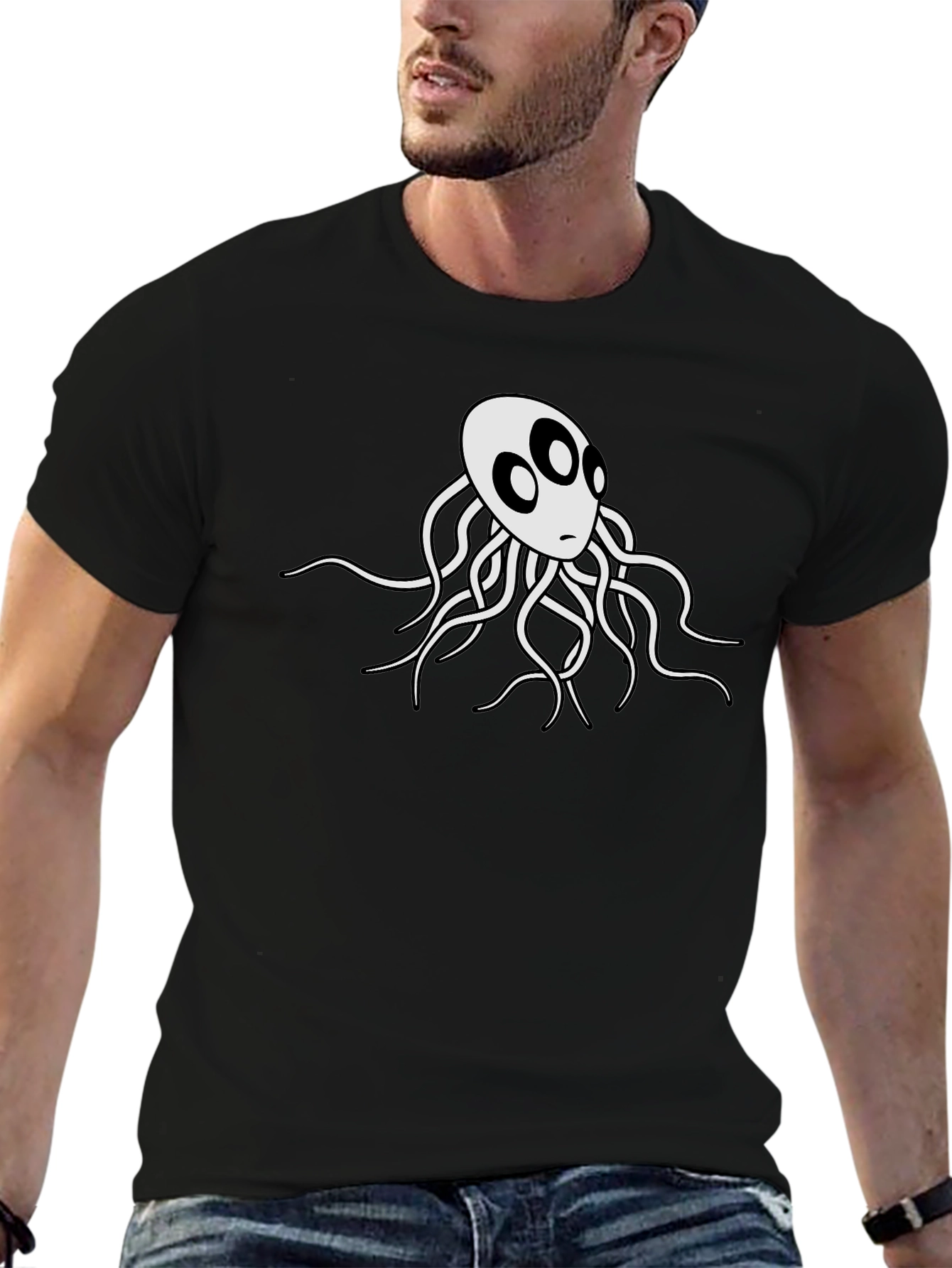 Mens Black T-Shirt with White Octopus Graphic