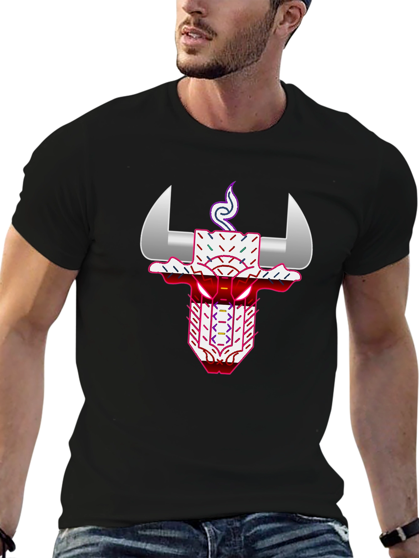 Geometric Bull Graphic Tee - Black
