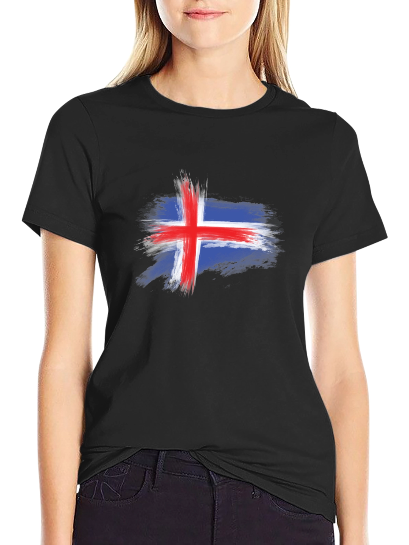 Iceland Flag Brush Stroke Mens Black T-Shirt